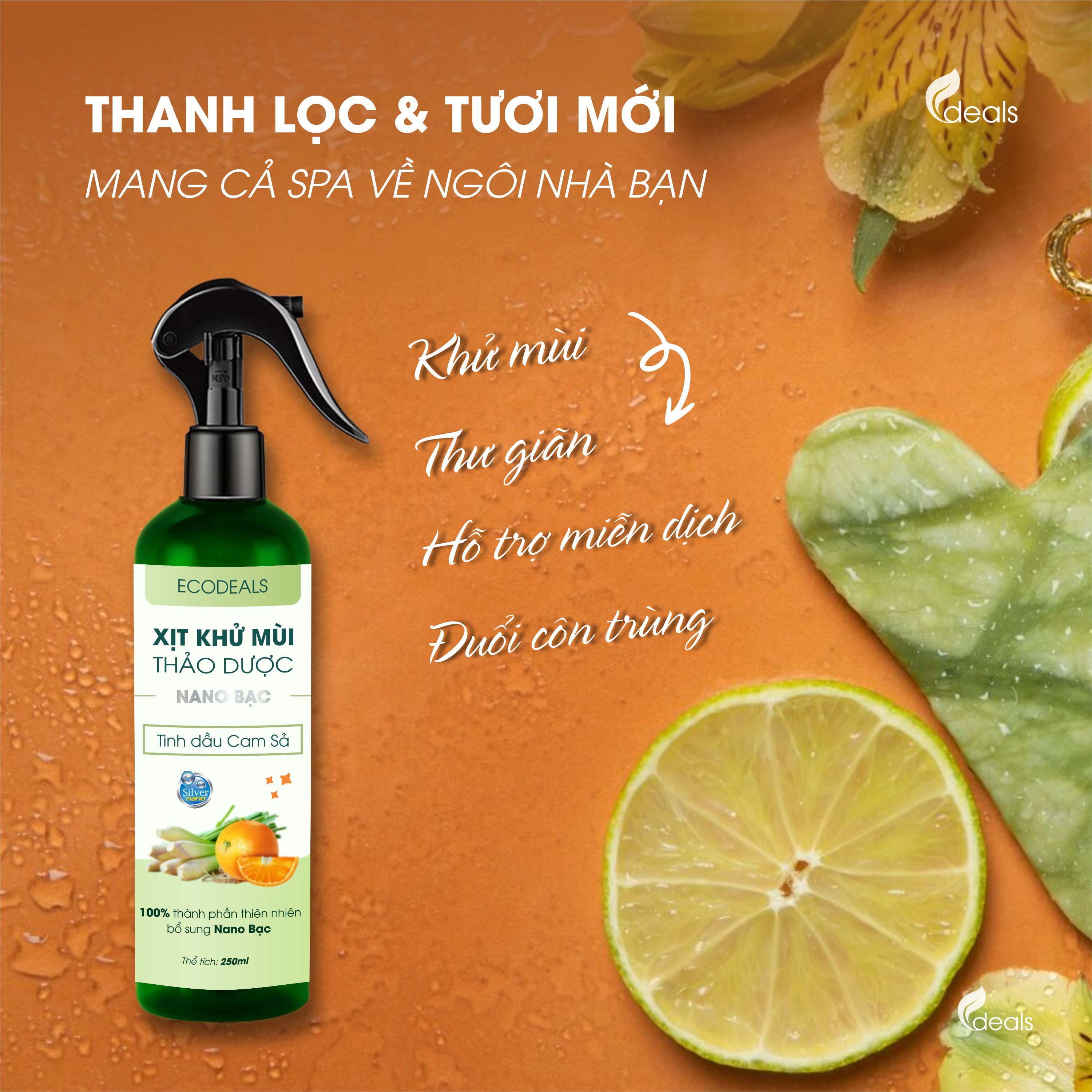 Xịt Khử mùi Kháng khuẩn Nano Bạc ECODEALS - Tinh dầu Cam Sả