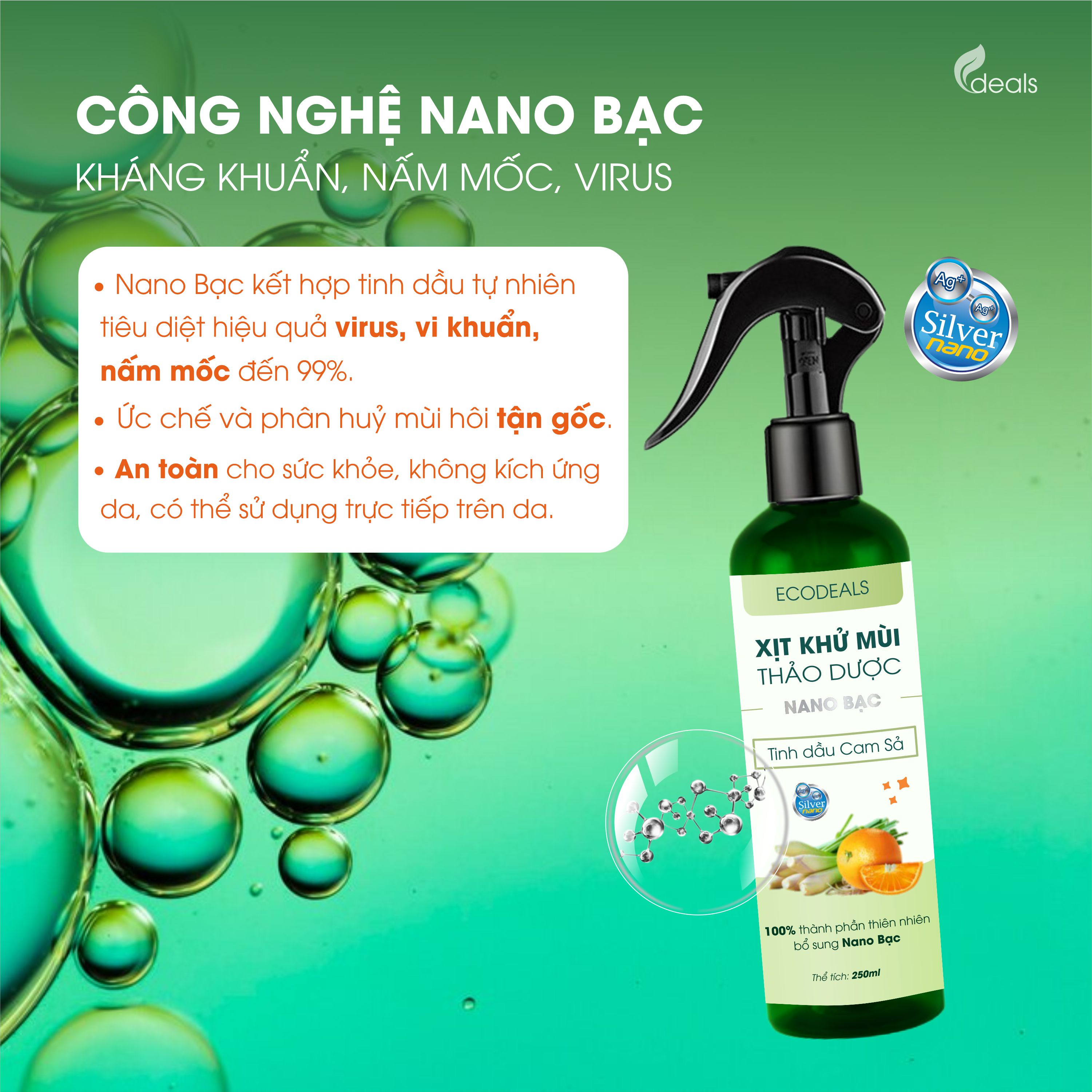 Xịt Khử mùi Kháng khuẩn Nano Bạc ECODEALS - Tinh dầu Cam Sả