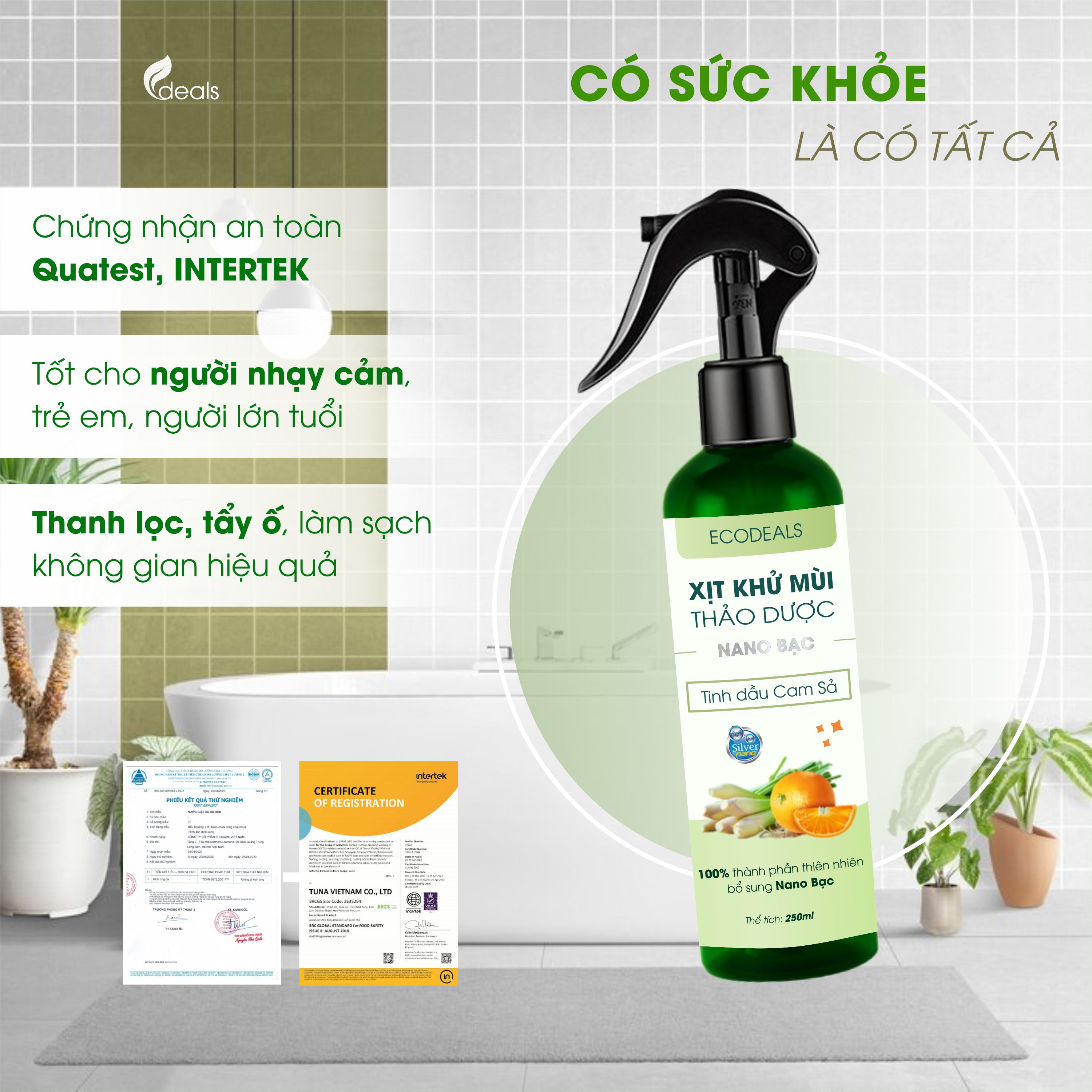 Xịt Khử mùi Kháng khuẩn Nano Bạc ECODEALS - Tinh dầu Cam Sả