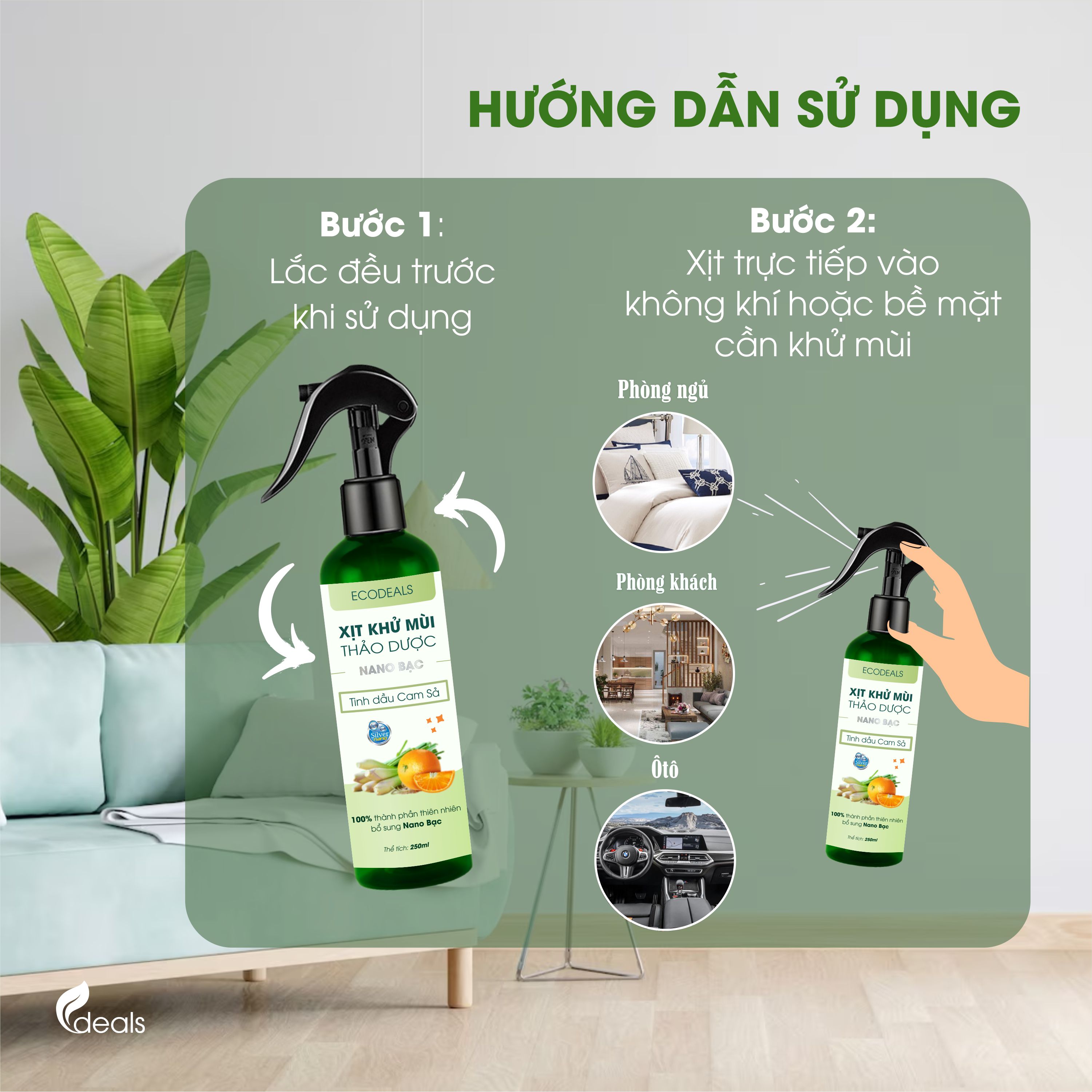Xịt Khử mùi Kháng khuẩn Nano Bạc ECODEALS - Tinh dầu Cam Sả