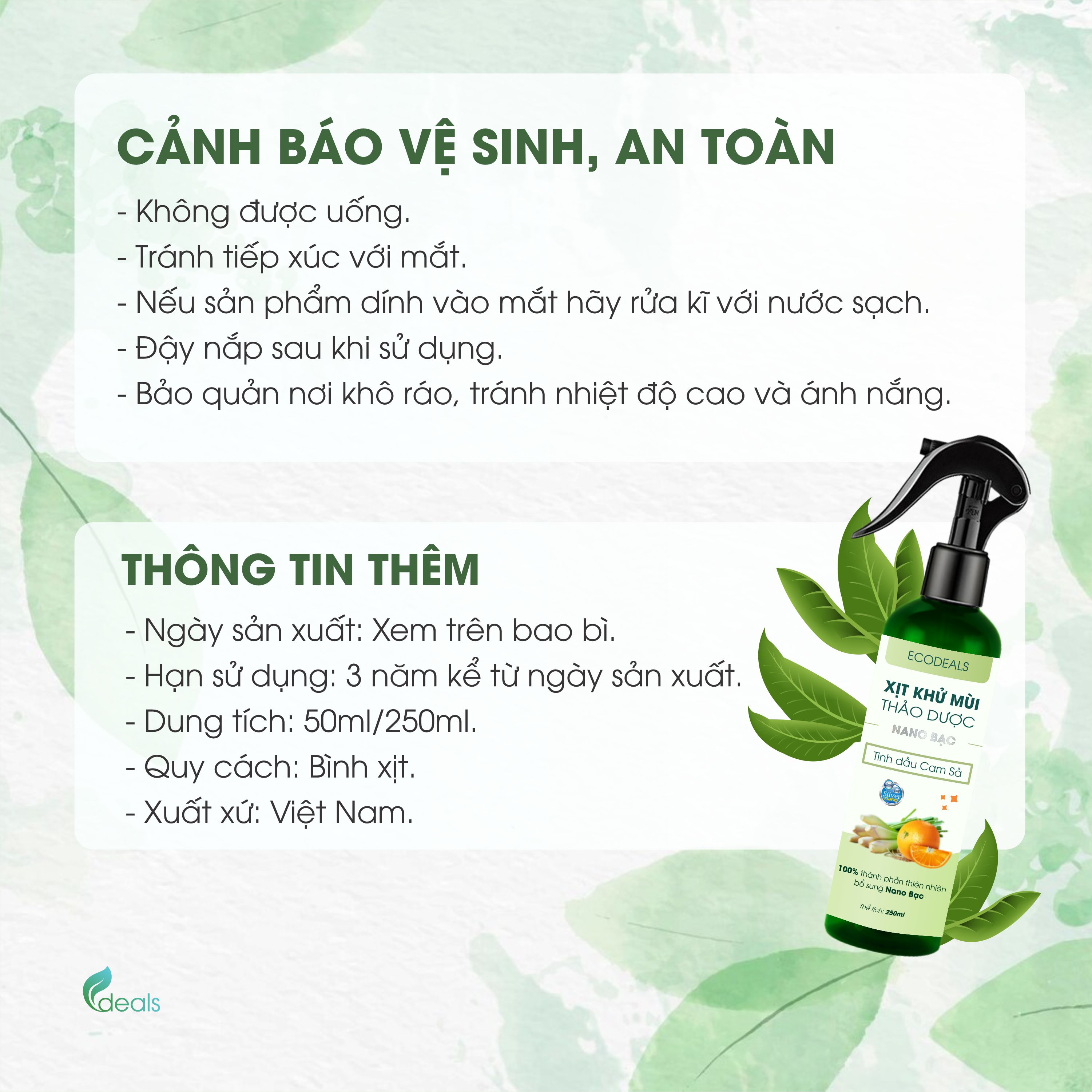 Xịt Khử mùi Kháng khuẩn Nano Bạc ECODEALS - Tinh dầu Cam Sả