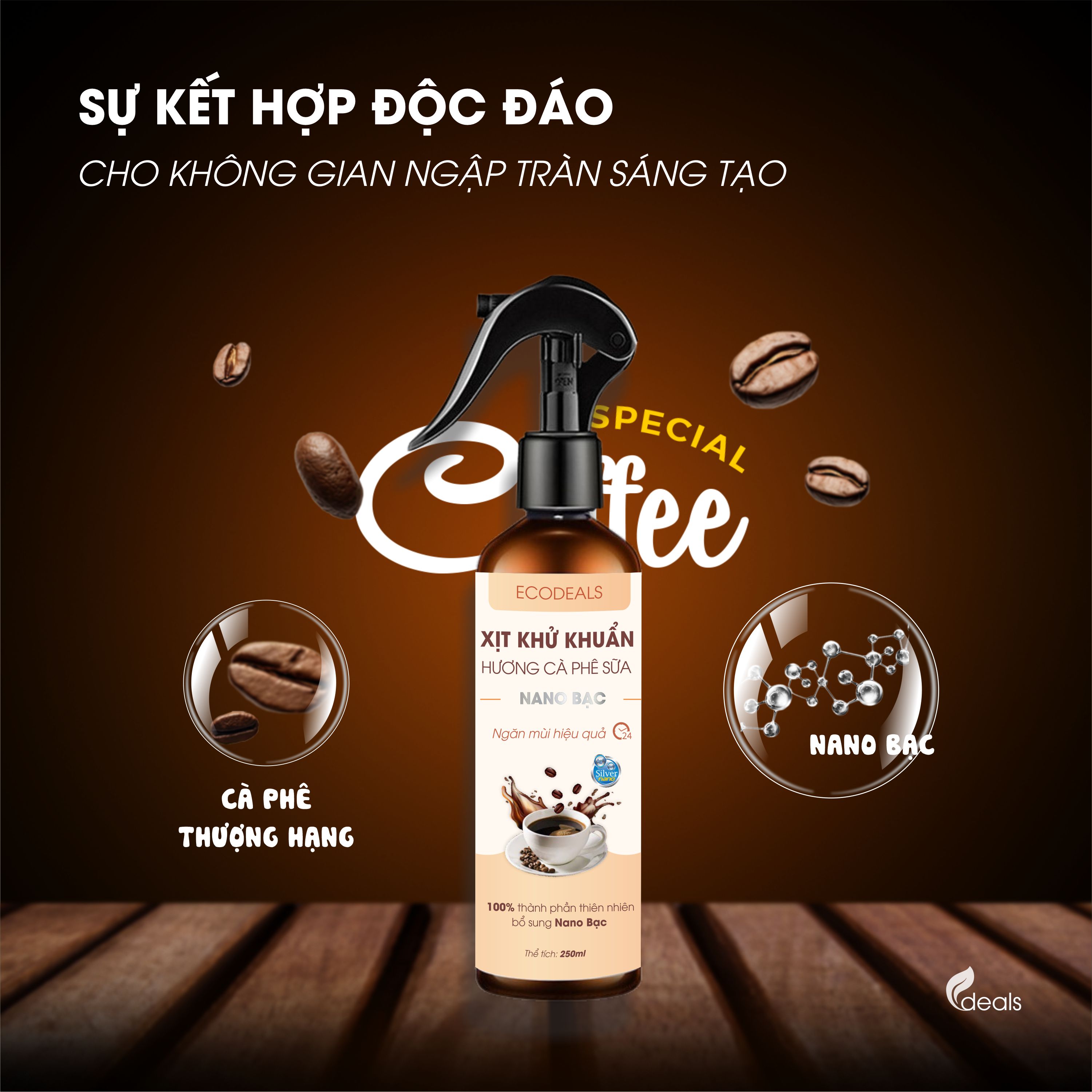 Xịt Khử mùi Kháng khuẩn Nano Bạc ECODEALS - Tinh dầu Cà phê sữa