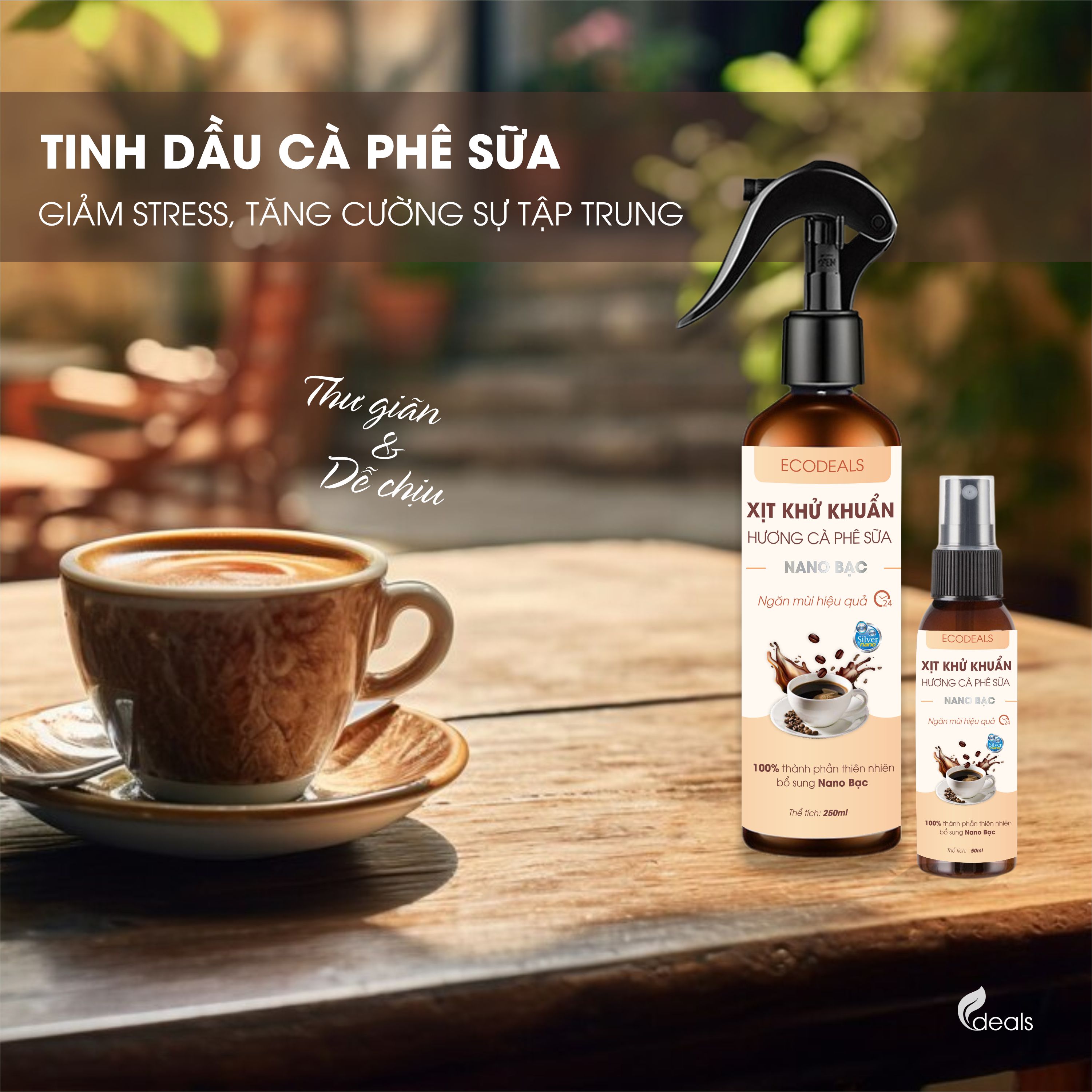 Xịt Khử mùi Kháng khuẩn Nano Bạc ECODEALS - Tinh dầu Cà phê sữa
