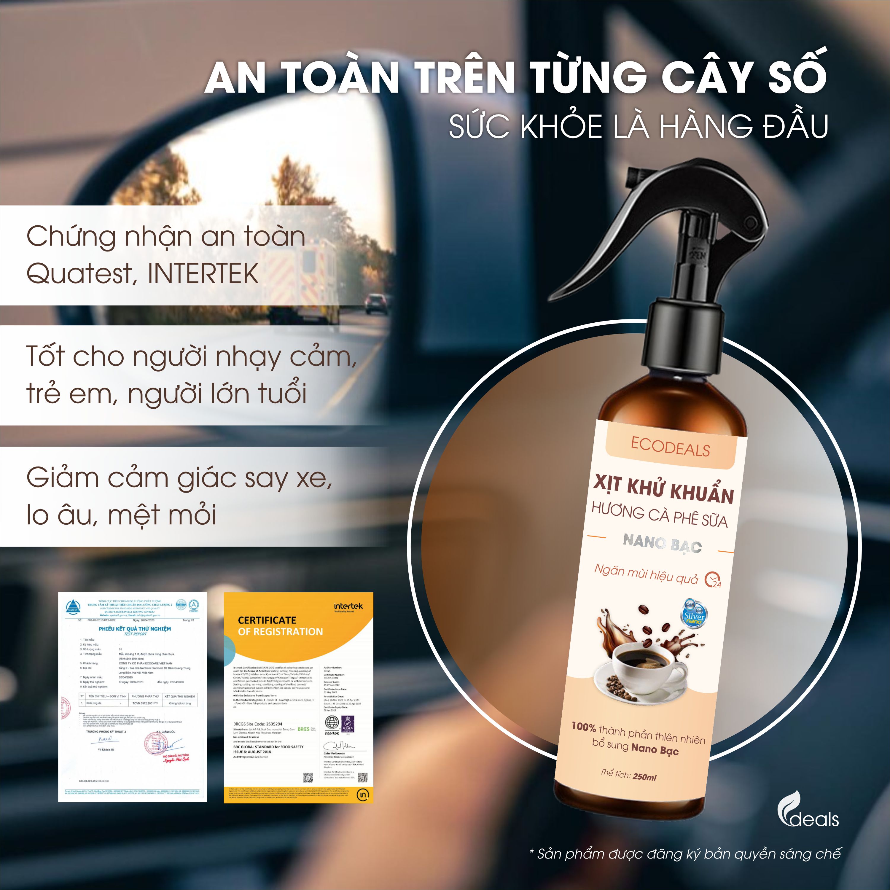 Xịt Khử mùi Kháng khuẩn Nano Bạc ECODEALS - Tinh dầu Cà phê sữa