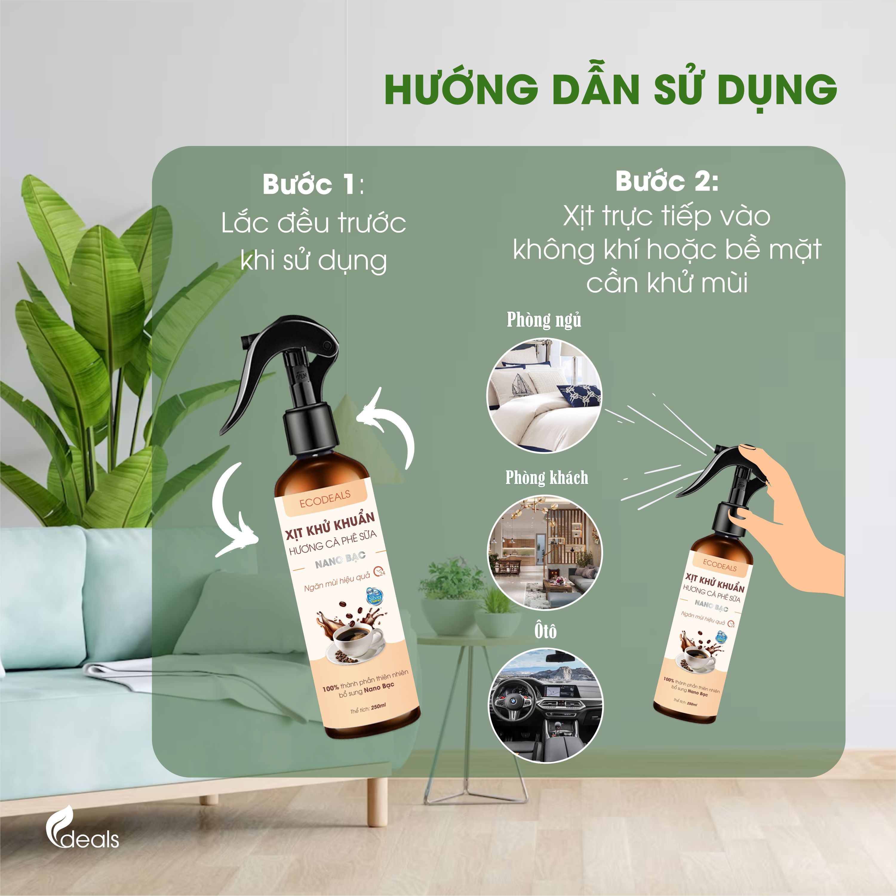 Xịt Khử mùi Kháng khuẩn Nano Bạc ECODEALS - Tinh dầu Cà phê sữa