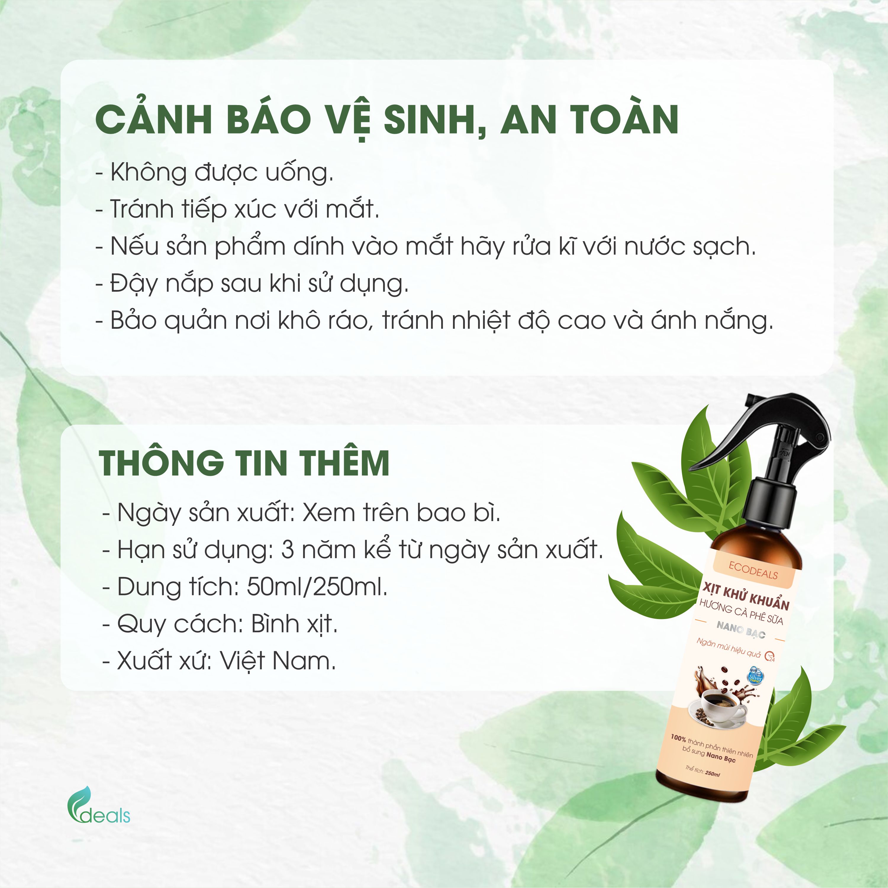 Xịt Khử mùi Kháng khuẩn Nano Bạc ECODEALS - Tinh dầu Cà phê sữa