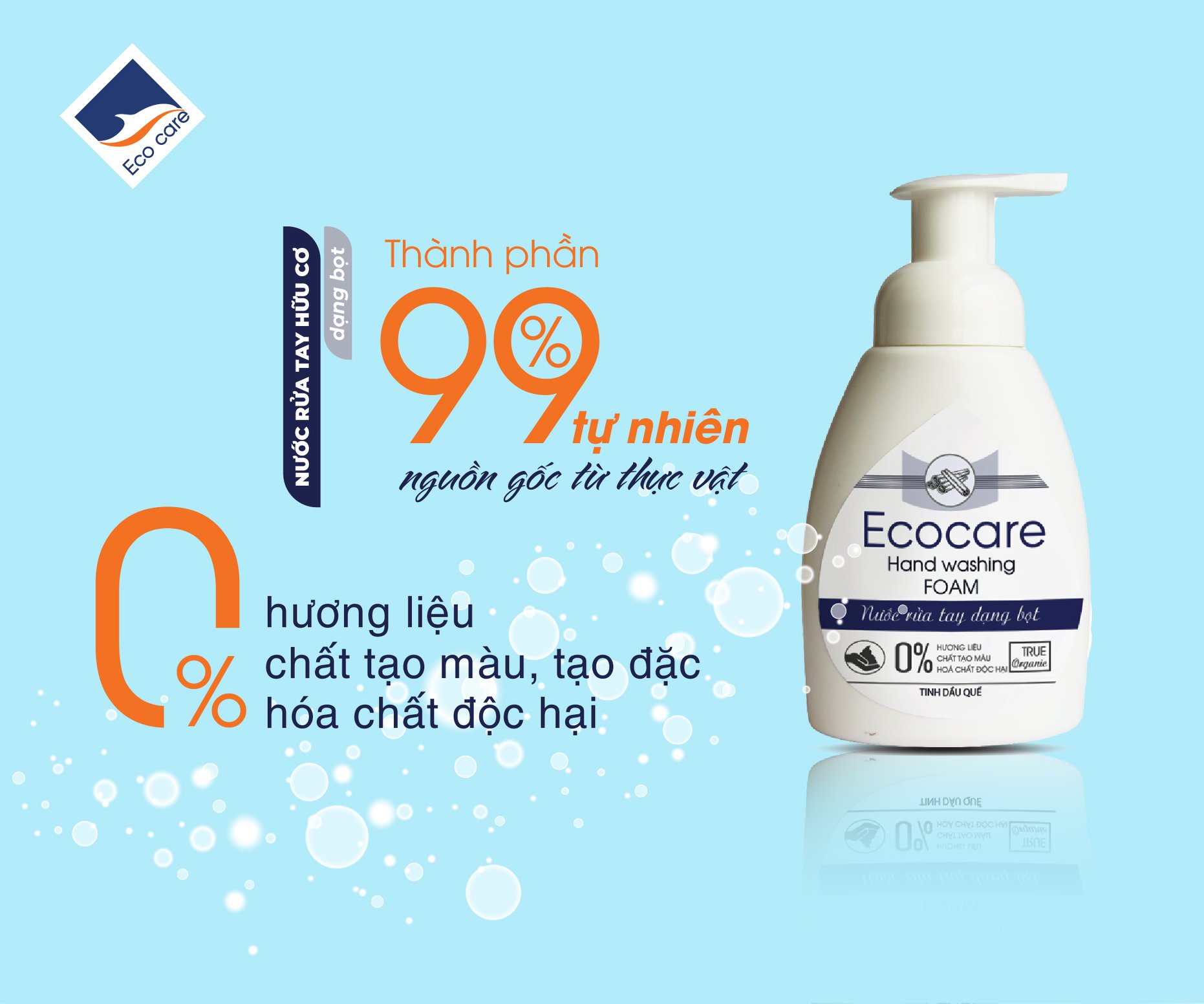 Nước Rửa Tay Bồ Hòn Hữu Cơ ECOCARE 250ml -Sạch khuẩn, chăm sóc da tay, tinh dầu khử mùi