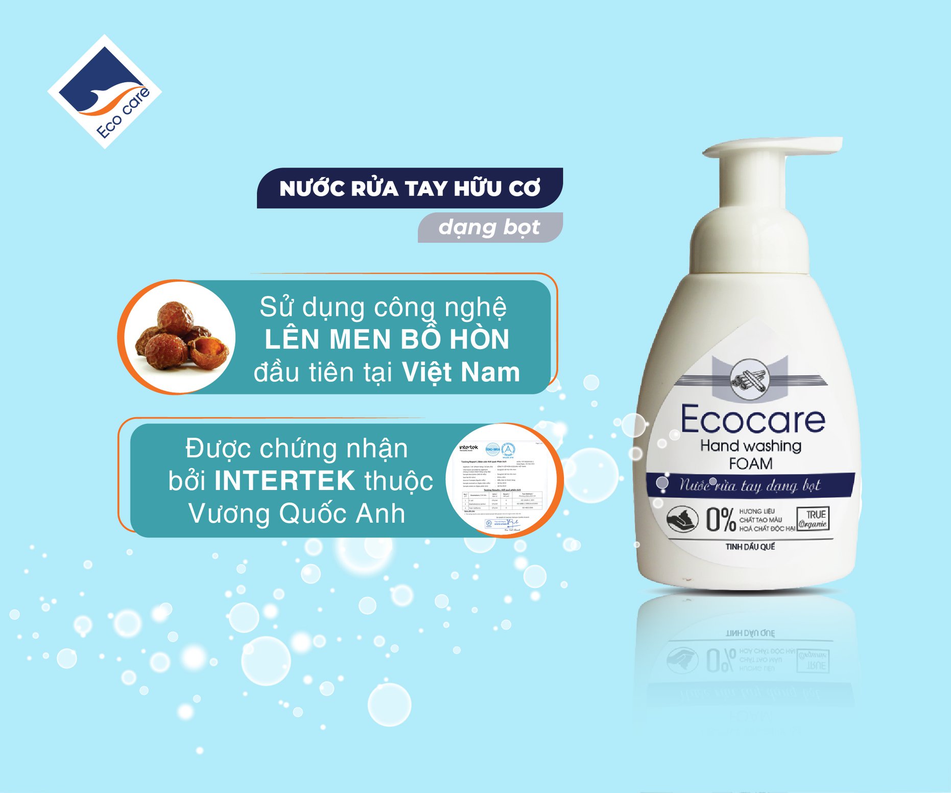 Nước Rửa Tay Bồ Hòn Hữu Cơ ECOCARE 250ml -Sạch khuẩn, chăm sóc da tay, tinh dầu khử mùi