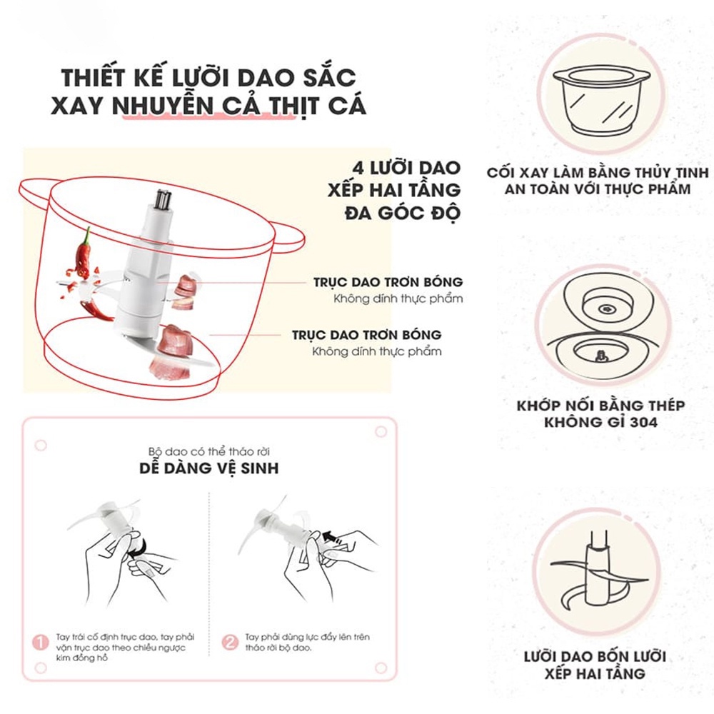 Máy xay thực phẩm đa năng Bear 2L 300W cối thủy tinh