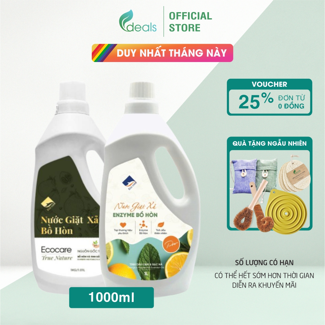 Nước giặt xả hữu cơ Bồ Hòn ECOCARE 1 Lít - Bền màu, giữ dáng, mềm vải, an toàn cho bé