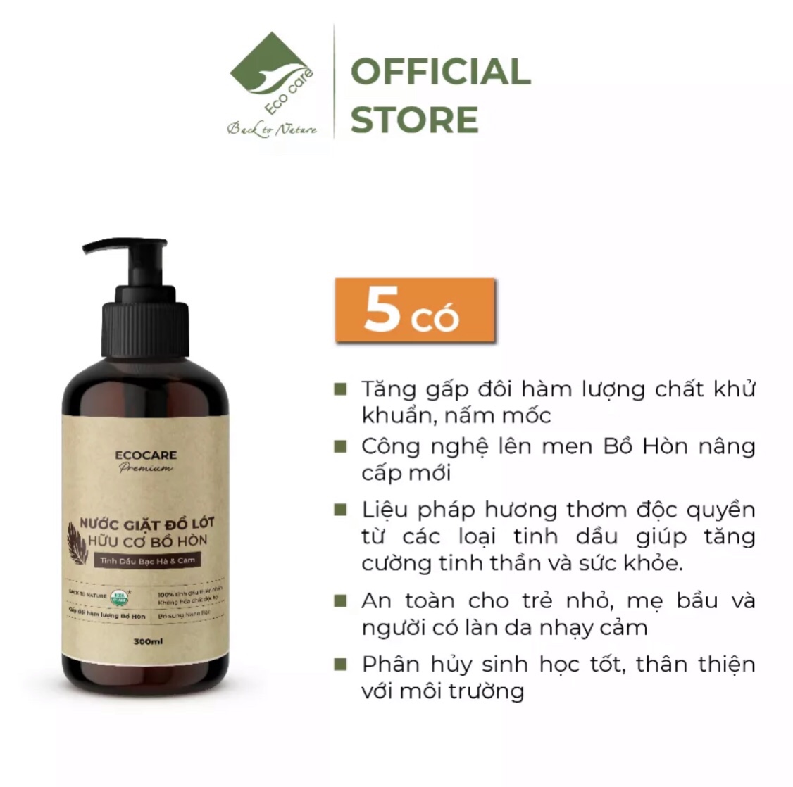 [Premium] Nước giặt đồ lót hữu cơ cao cấp Bồ hòn Ecocare tinh dầu Bạc Hà & Cam 300ml