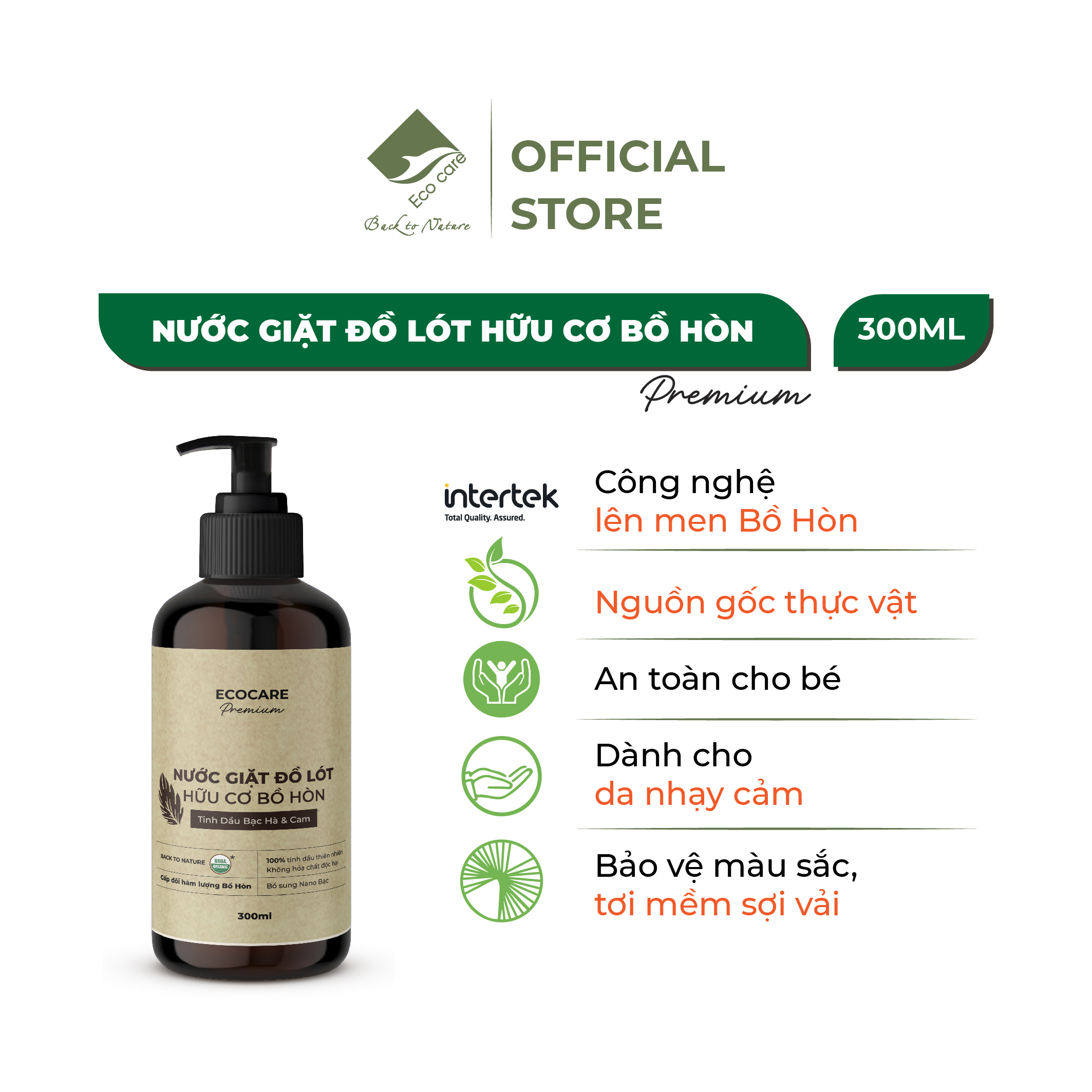 [Premium] Nước giặt đồ lót hữu cơ cao cấp Bồ hòn Ecocare tinh dầu Bạc Hà & Cam 300ml