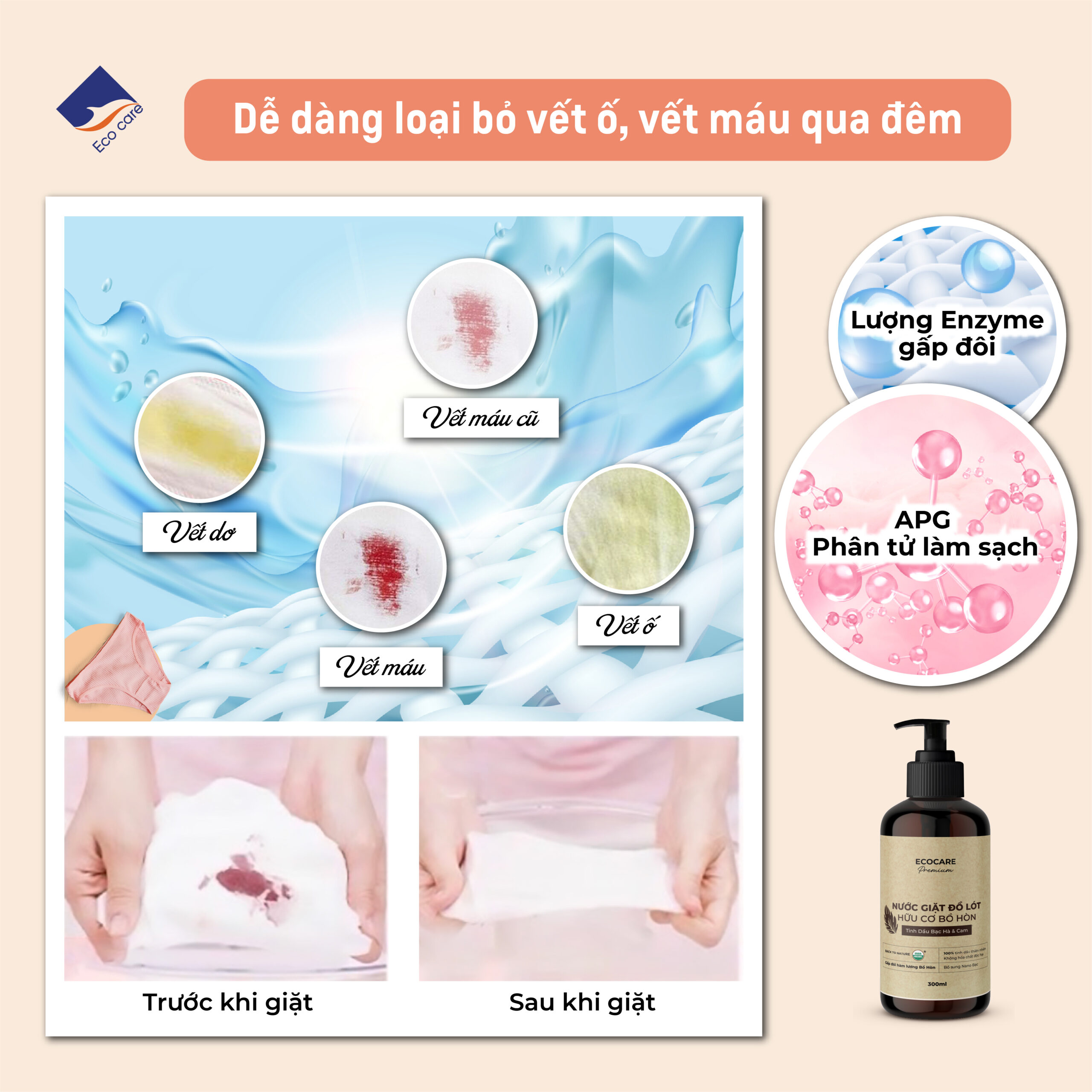 [Premium] Nước giặt đồ lót hữu cơ cao cấp Bồ hòn Ecocare tinh dầu Bạc Hà & Cam 300ml