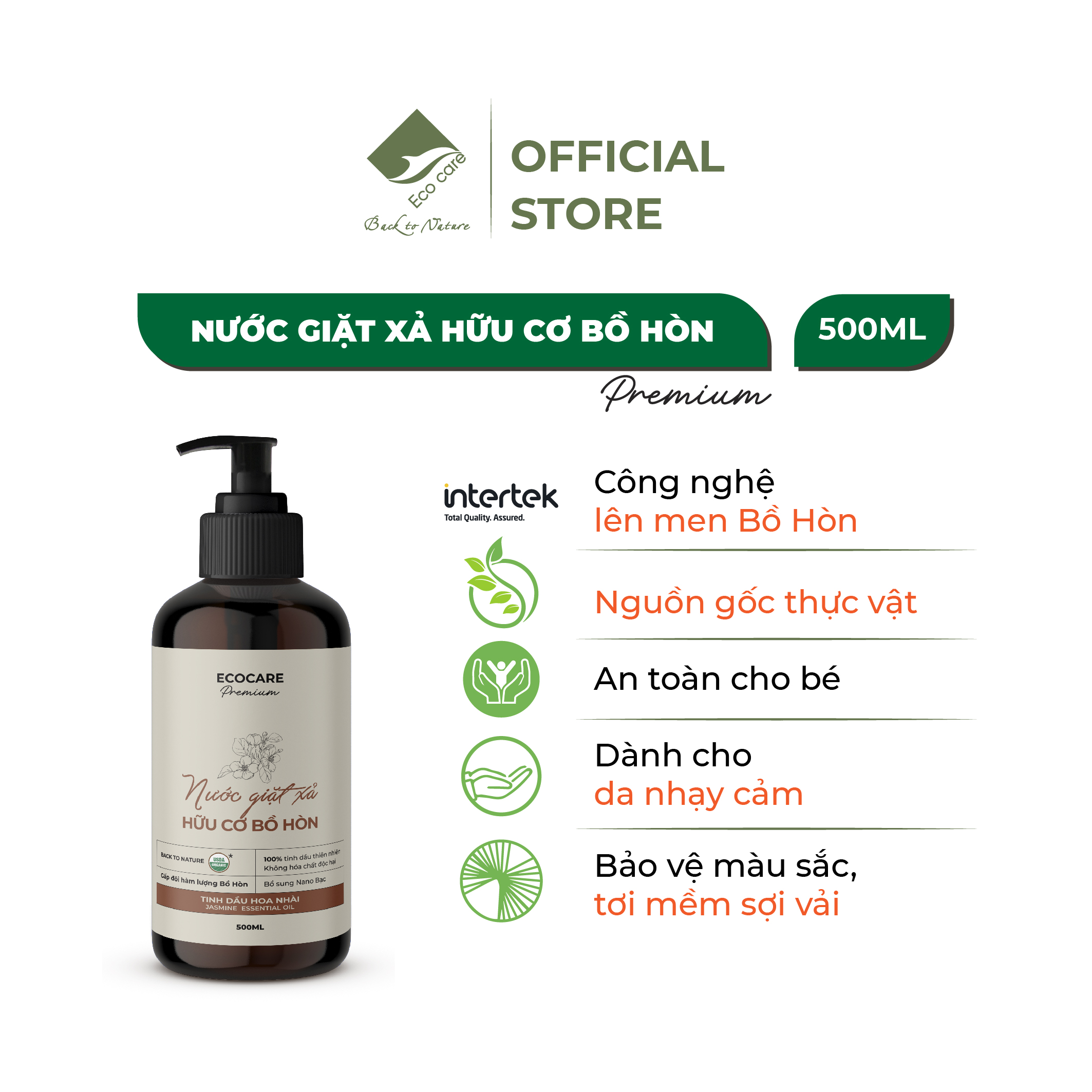 [Premium] Nước giặt xả hữu cơ cao cấp Bồ Hòn tinh dầu Hoa nhài ECOCARE