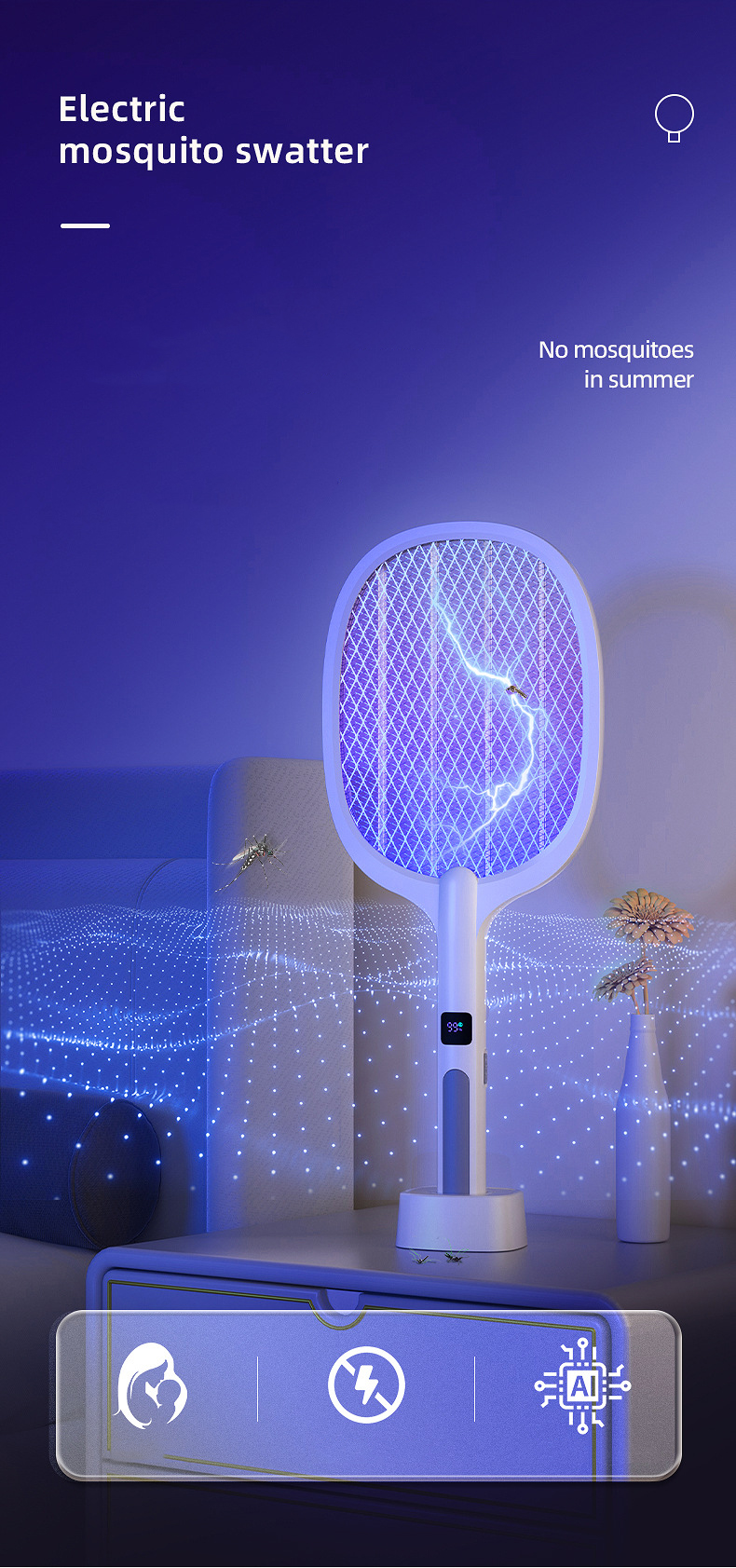 Vợt muỗi điện kiêm đèn bắt côn trùng cao cấp Ecodeals - Pin 1200mAh, màn hình LED
