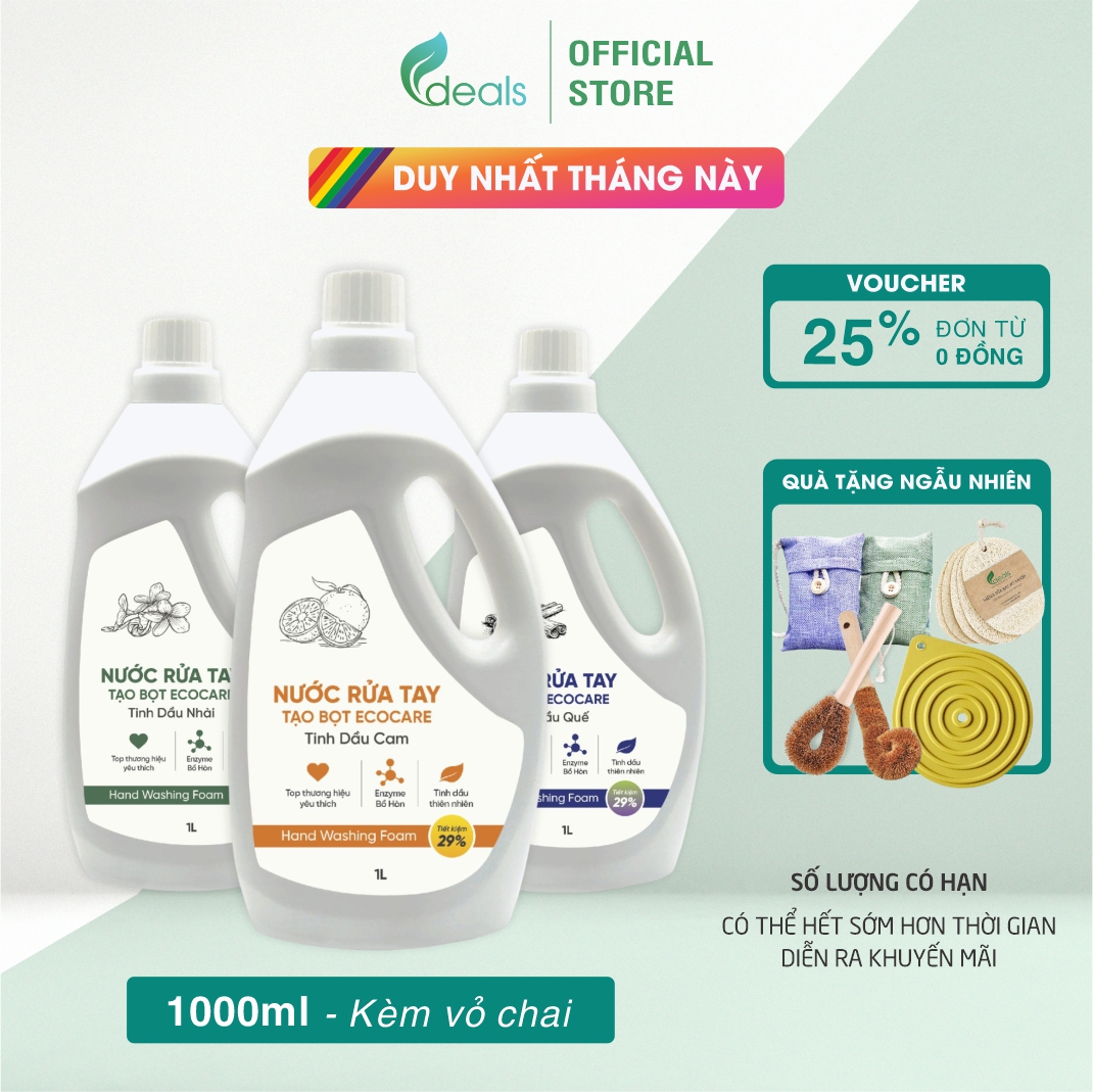 Nước Rửa Tay Bồ Hòn Hữu Cơ ECOCARE 1 Lít - Sạch khuẩn, chăm sóc da tay, tinh dầu khử mùi