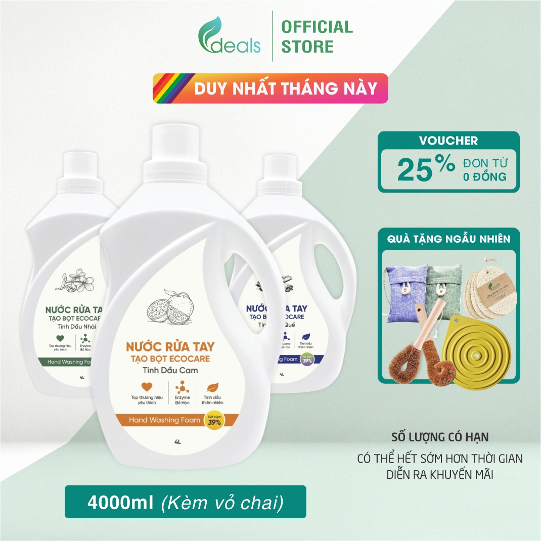 Nước Rửa Tay Bồ Hòn Hữu Cơ ECOCARE 250ml -Sạch khuẩn, chăm sóc da tay, tinh dầu khử mùi