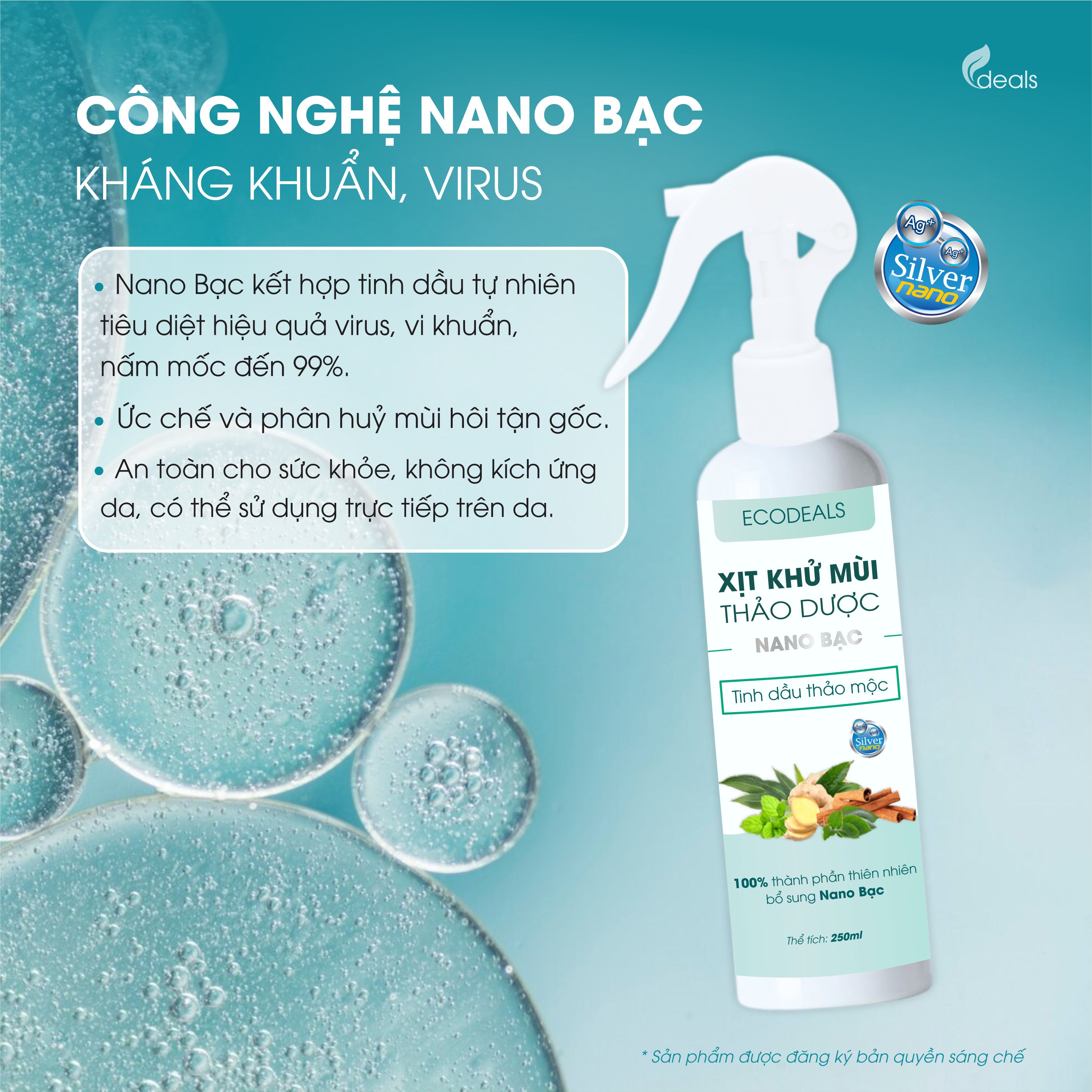 Xịt Khử mùi Kháng khuẩn Nano Bạc ECODEALS - Tinh dầu Thảo mộc