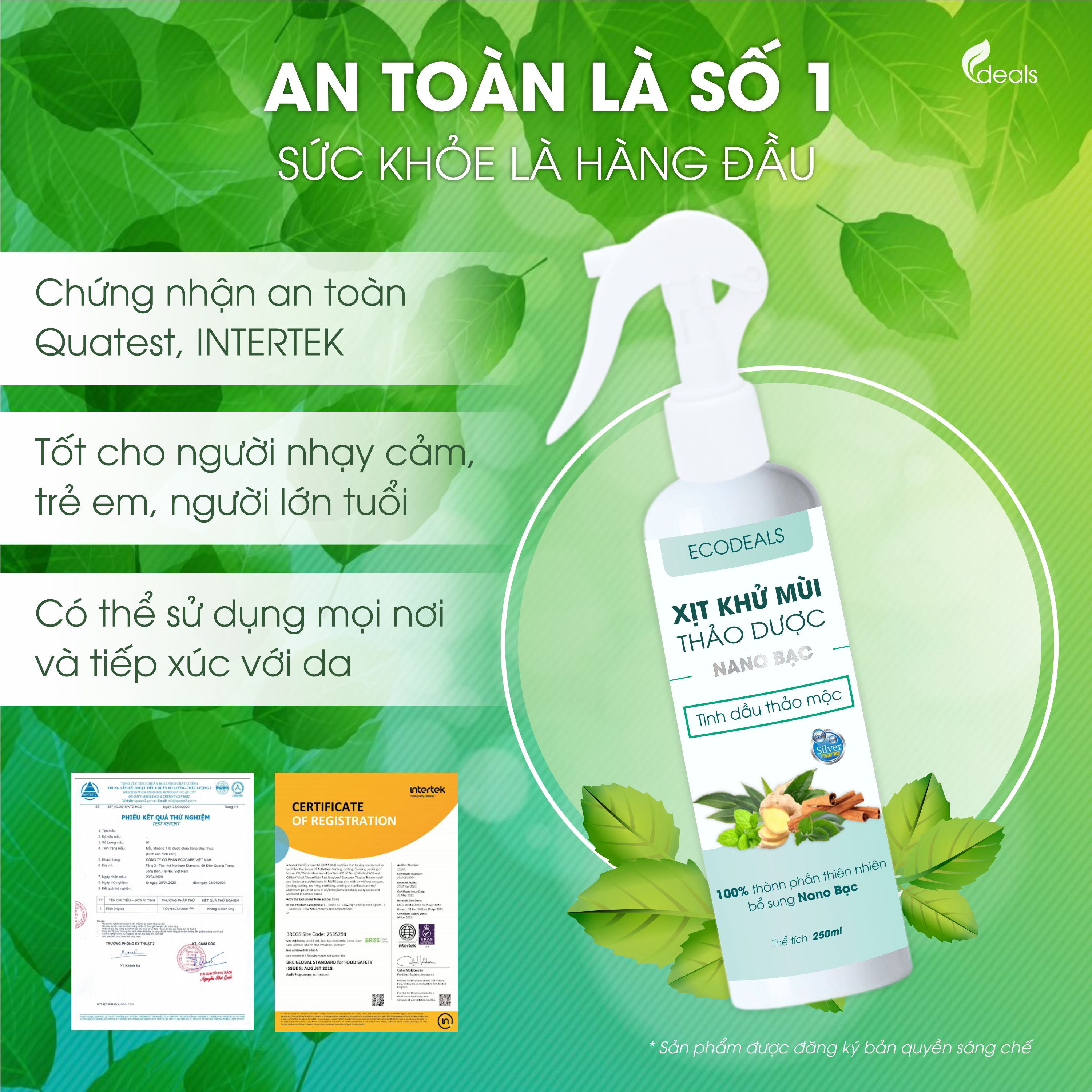 Xịt Khử mùi Kháng khuẩn Nano Bạc ECODEALS - Tinh dầu Thảo mộc