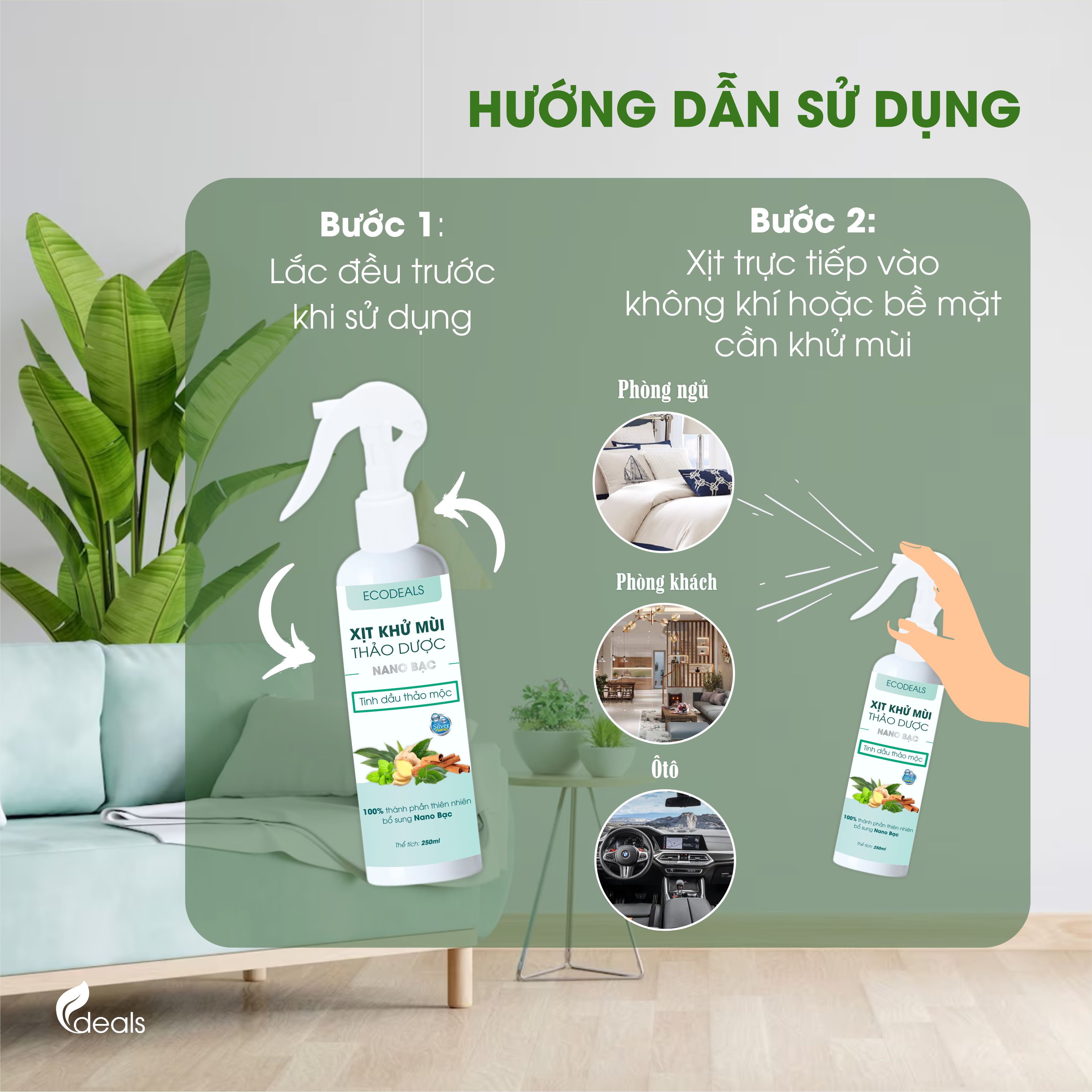 Xịt Khử mùi Kháng khuẩn Nano Bạc ECODEALS - Tinh dầu Thảo mộc