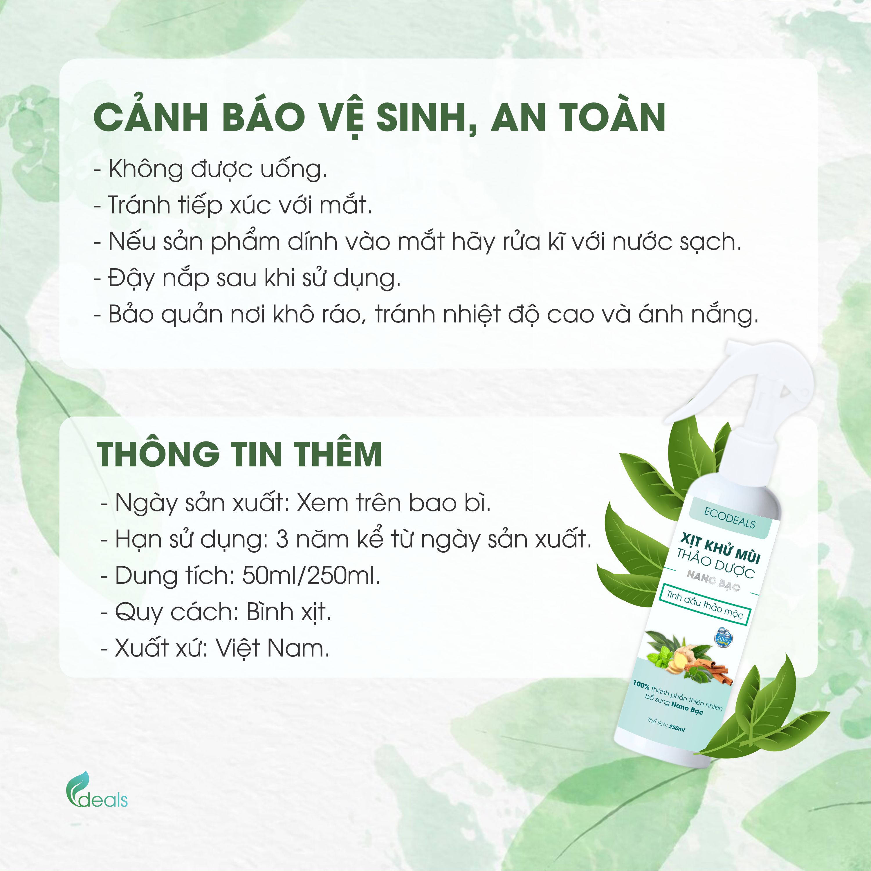 Xịt Khử mùi Kháng khuẩn Nano Bạc ECODEALS - Tinh dầu Thảo mộc