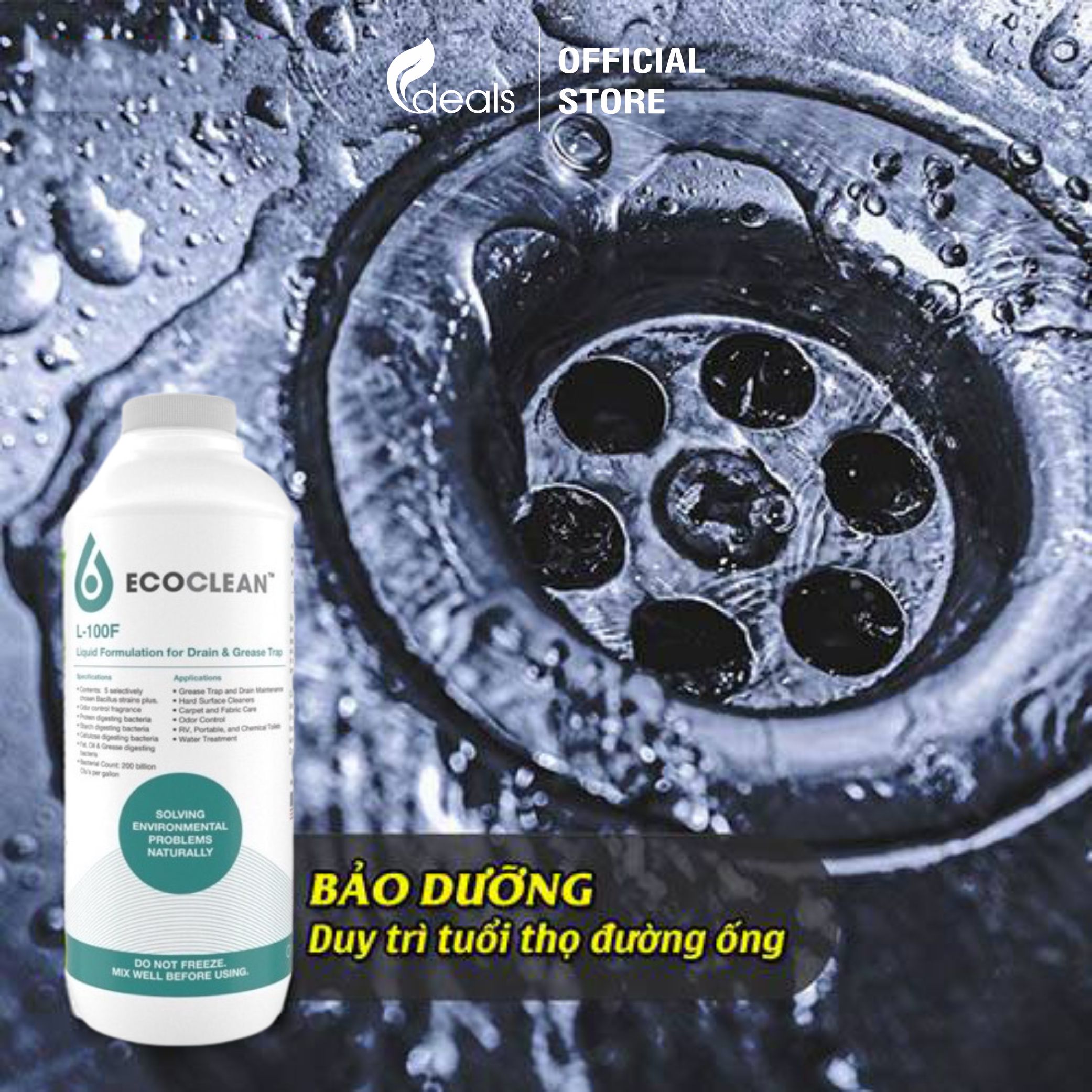 EcoClean FOG (KPT CHEM) - Vi Sinh Ăn Dầu Mỡ, Xử Lý Tắc Nghẽn, Khử mùi Bồn rửa - Chai 1 lít
