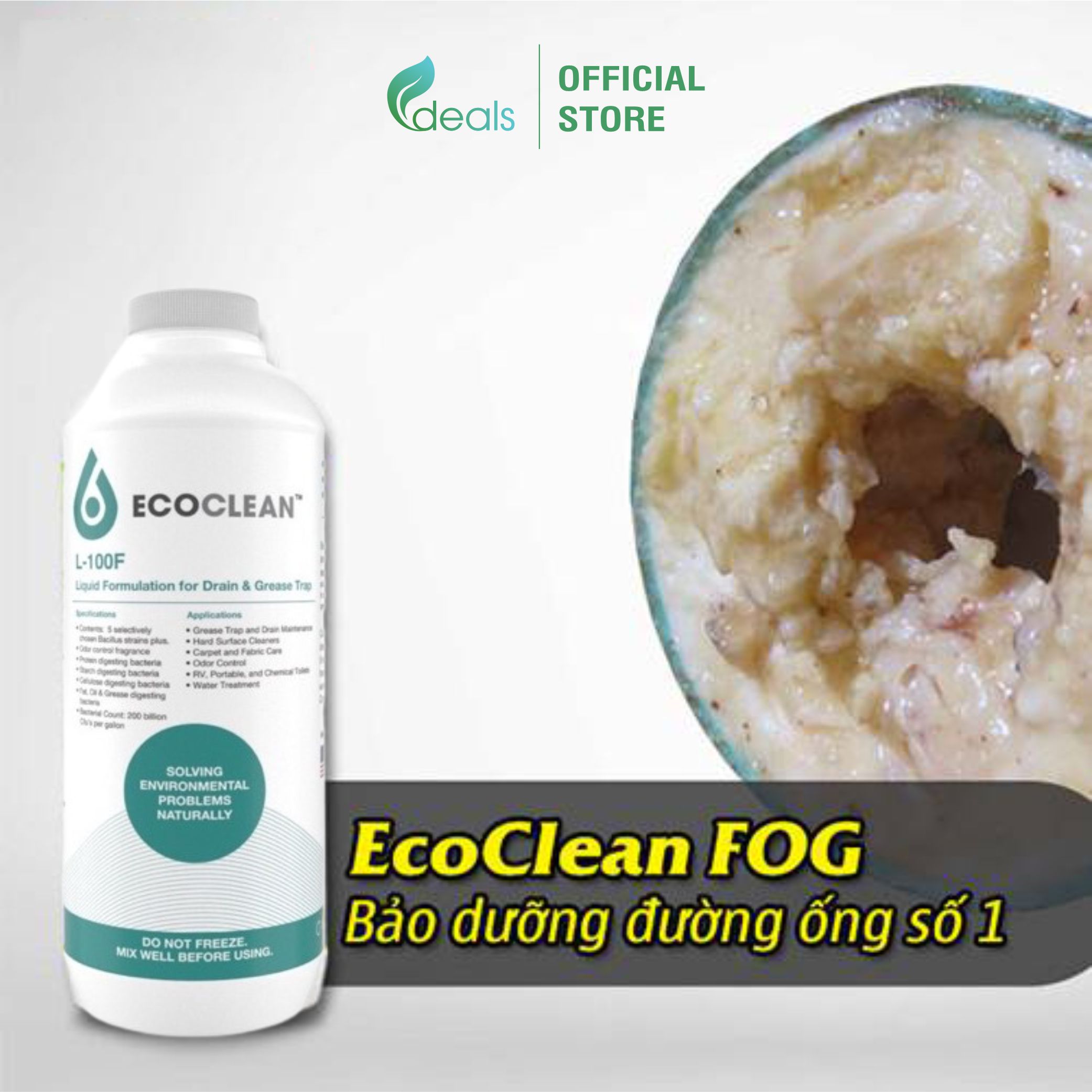EcoClean FOG (KPT CHEM) - Vi Sinh Ăn Dầu Mỡ, Xử Lý Tắc Nghẽn, Khử mùi Bồn rửa - Chai 1 lít