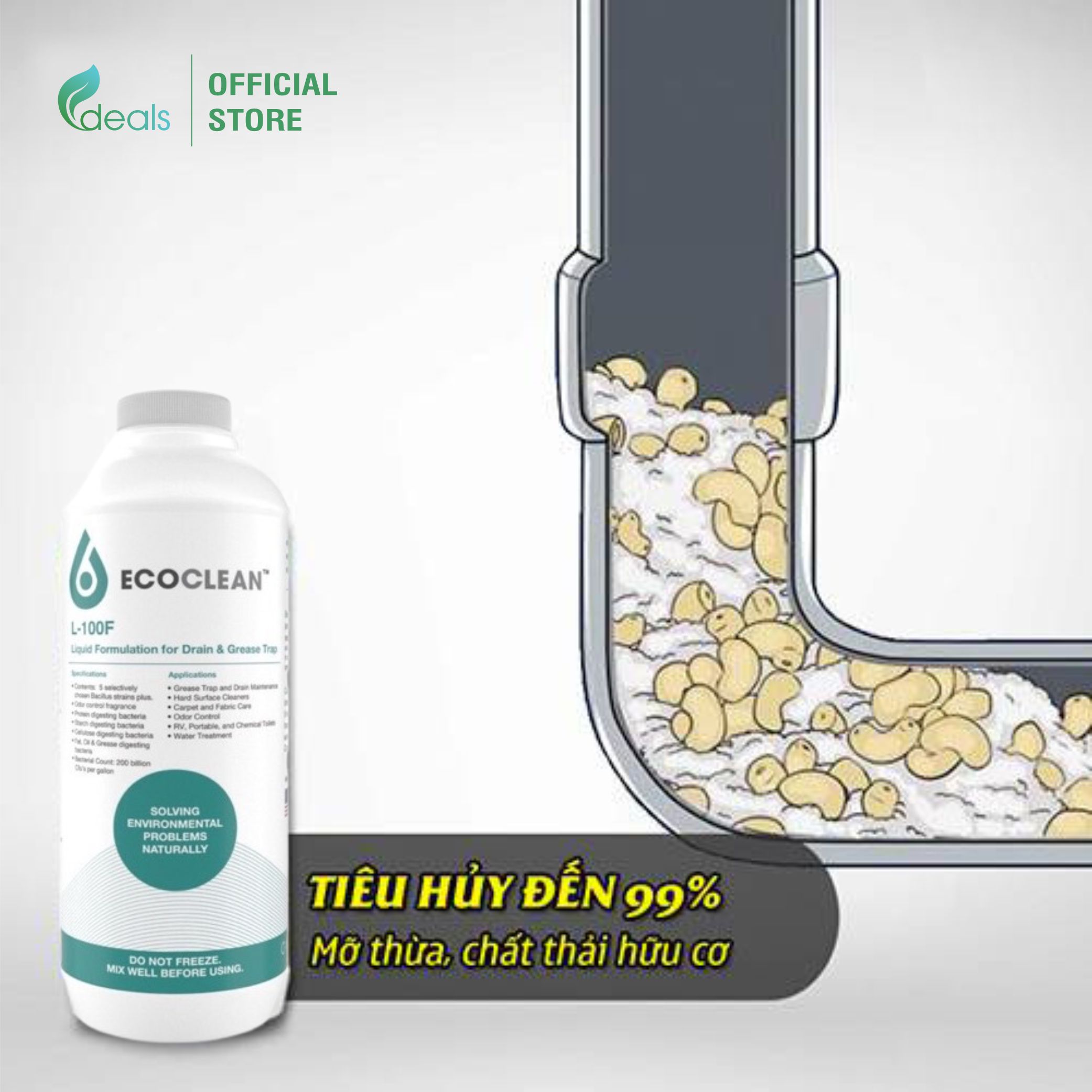 EcoClean FOG (KPT CHEM) - Vi Sinh Ăn Dầu Mỡ, Xử Lý Tắc Nghẽn, Khử mùi Bồn rửa - Chai 1 lít