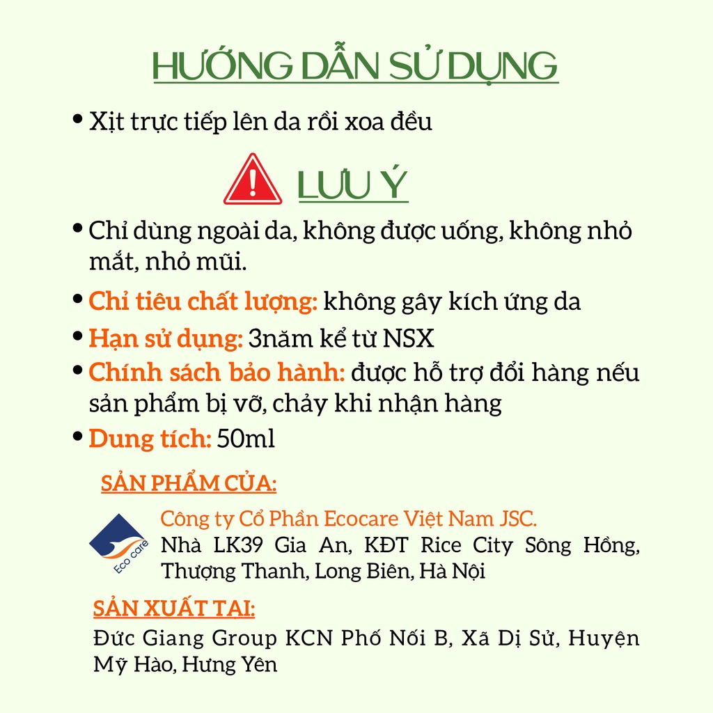 Xịt Thảo Mộc Chống Muỗi Đốt Ecocare (Xịt Body), Ngăn Côn Trùng Cắn 50ml