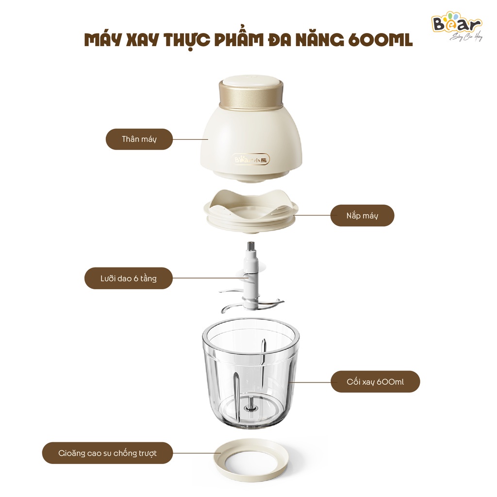 Máy xay ăn dặm 0.6L Bear 600ml - 6 lưỡi dao và cối thủy tinh