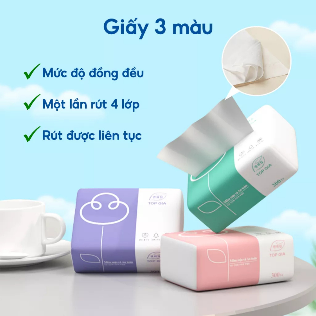 Giấy ăn rút TOPGIA 300 tờ 4 lớp - Loại 3 màu