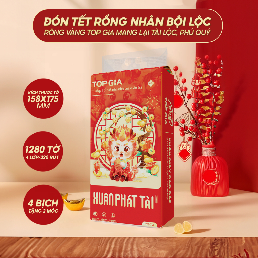Giấy vệ sinh treo tường 1280 tờ/4 lớp TopGia dạng rút đáy