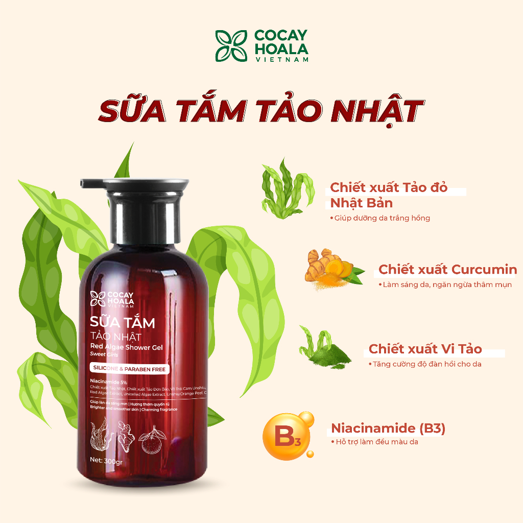 Sữa Tắm Tảo Nhật Đỏ trắng da hương Nước hoa - Chai 300g - COCAYHOALA