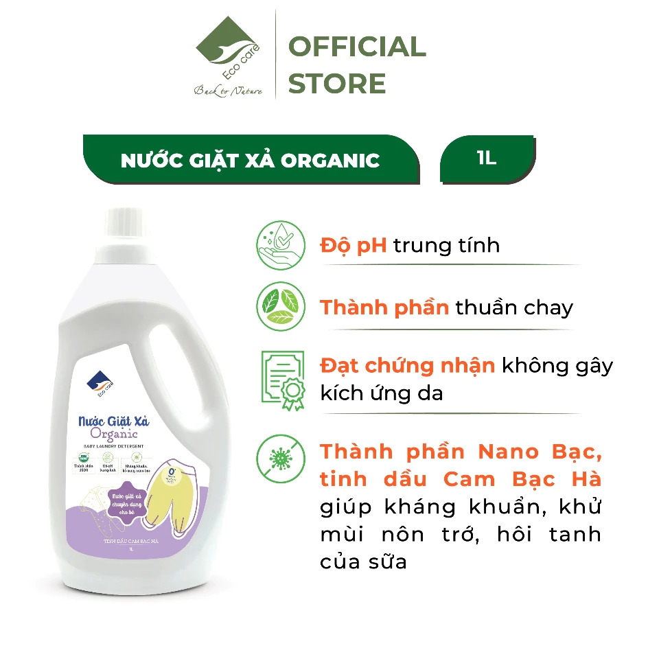 Nước Giặt Xả Hữu Cơ Em Bé ECOCARE 1L - Tinh dầu Cam Bạc hà, PH trung tính, không kích ứng