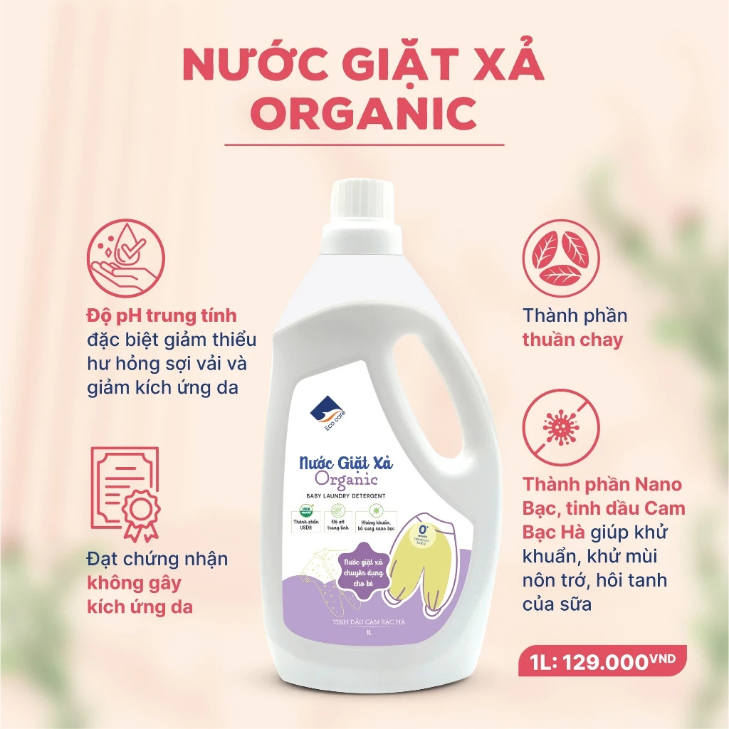 Nước Giặt Xả Hữu Cơ Em Bé ECOCARE 1L - Tinh dầu Cam Bạc hà, PH trung tính, không kích ứng