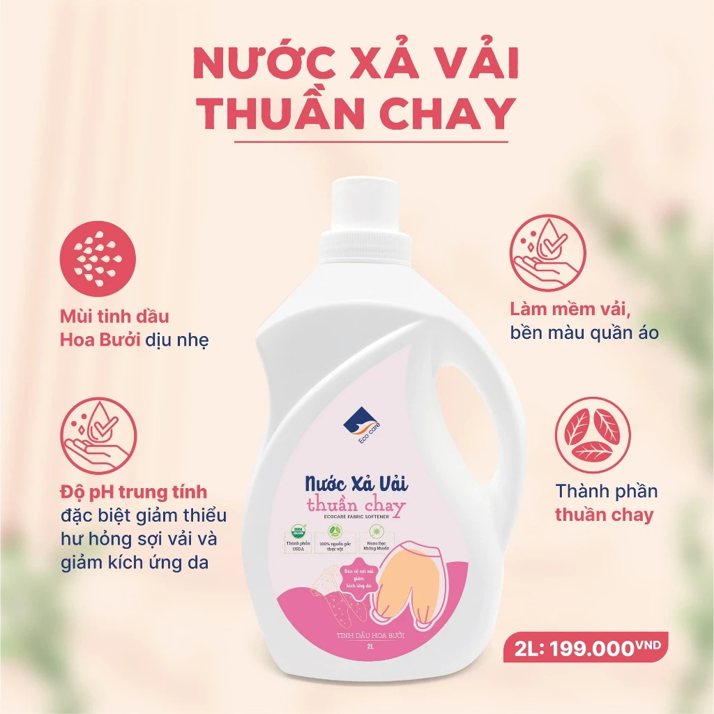 Nước Xả Vải Thuần Chay Hữu Cơ ECOCARE 2L - Hương hoa bưởi, PH cân bằng, an toàn cho trẻ nhỏ
