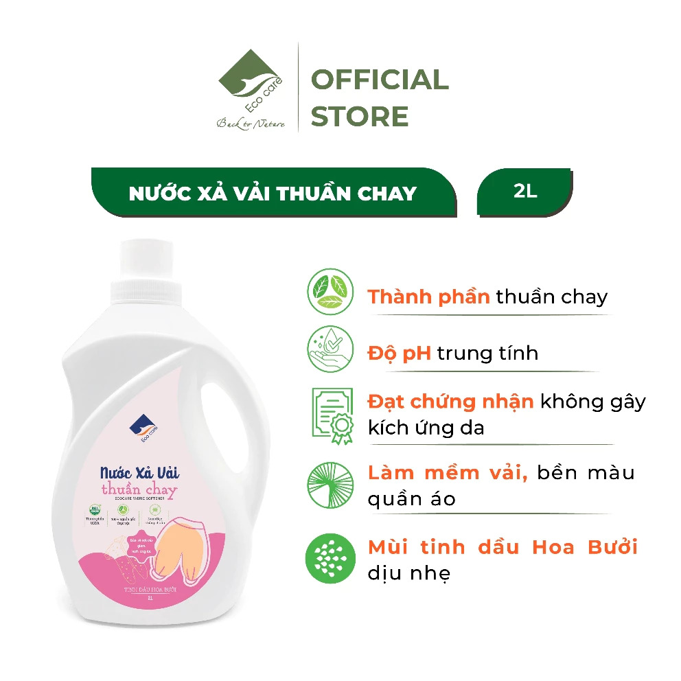 Nước Xả Vải Thuần Chay Hữu Cơ ECOCARE 2L - Hương hoa bưởi, PH cân bằng, an toàn cho trẻ nhỏ