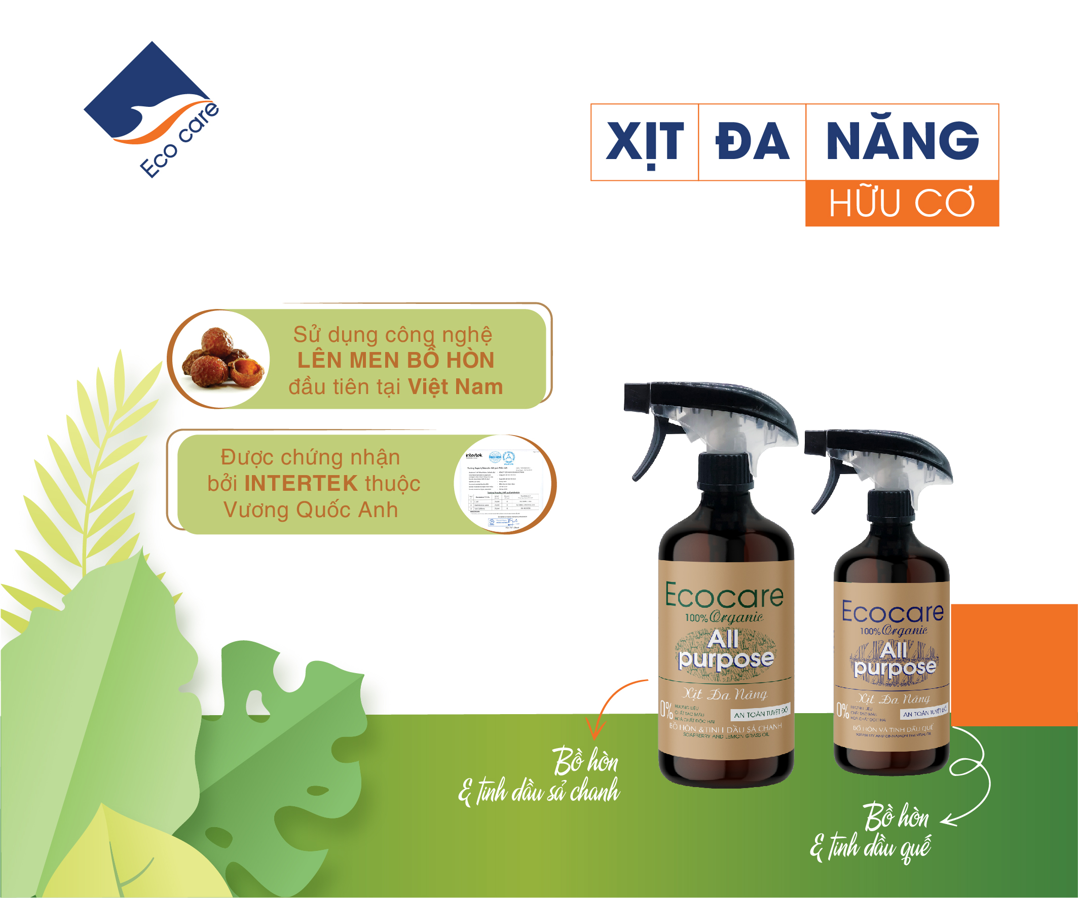 Xịt Chùi Rửa Đa Năng Bồ Hòn Hữu Cơ ECOCARE 4 lít - Tặng vỏ chai 500ml