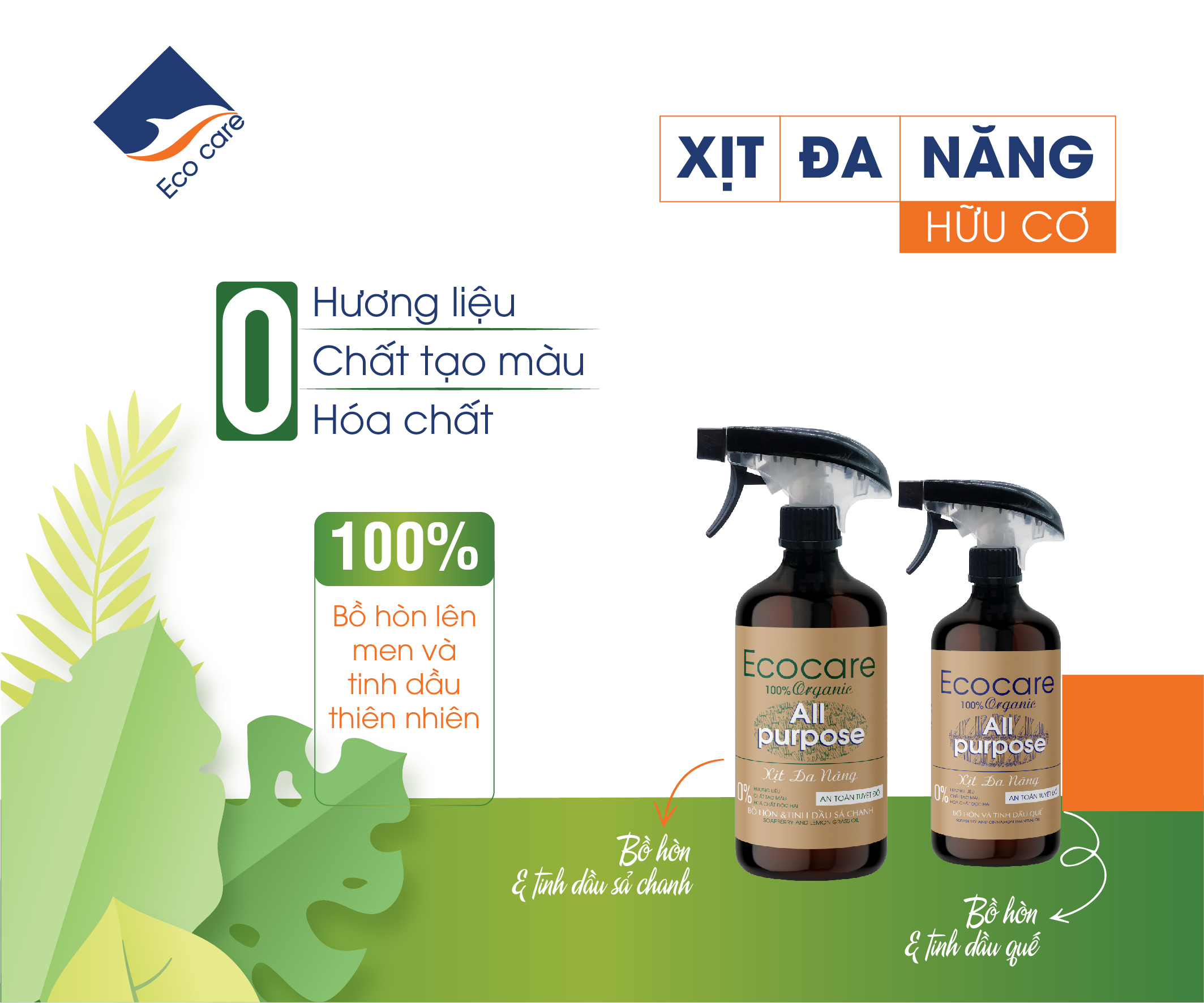 Xịt Chùi Rửa Đa Năng Bồ Hòn Hữu Cơ ECOCARE 4 lít - Tặng vỏ chai 500ml