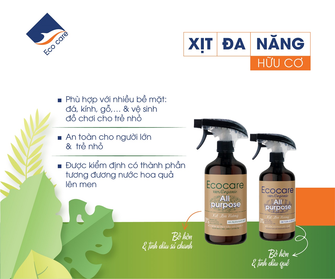 Xịt Chùi Rửa Đa Năng Bồ Hòn Hữu Cơ ECOCARE 4 lít - Tặng vỏ chai 500ml