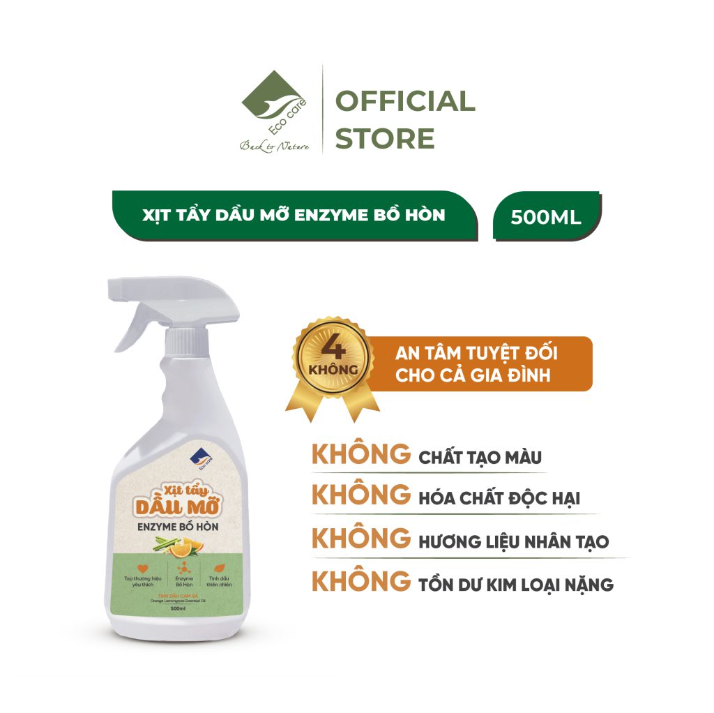 Xịt tẩy dầu mỡ enzyme bồ hòn tinh dầu Cam sả/ Quế ECOCARE - Chai 500ml