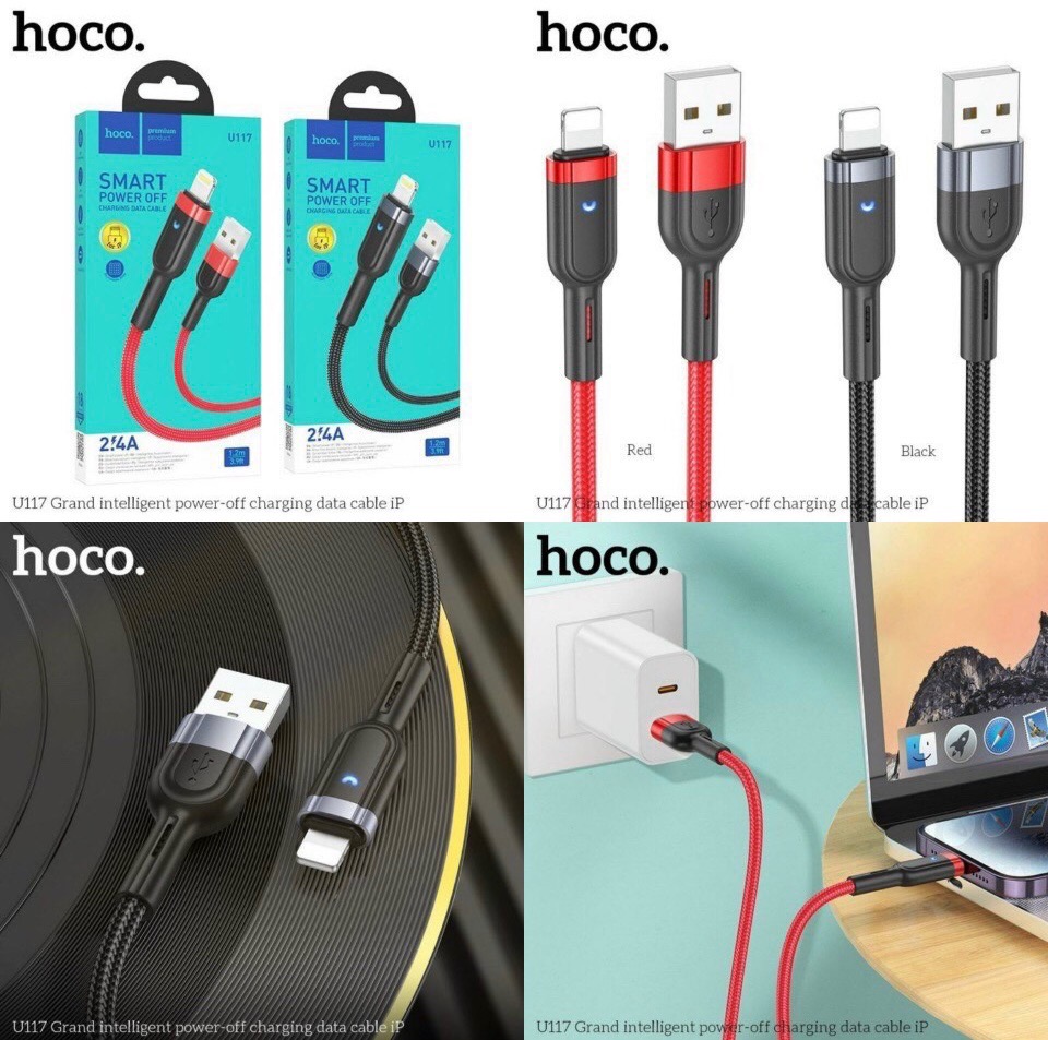 Cáp sạc nhanh 2.4A tự ngắt HOCO U117 (usb ra iPhone Lightning) có đèn led báo sạc chính hãng [BH 1 năm]