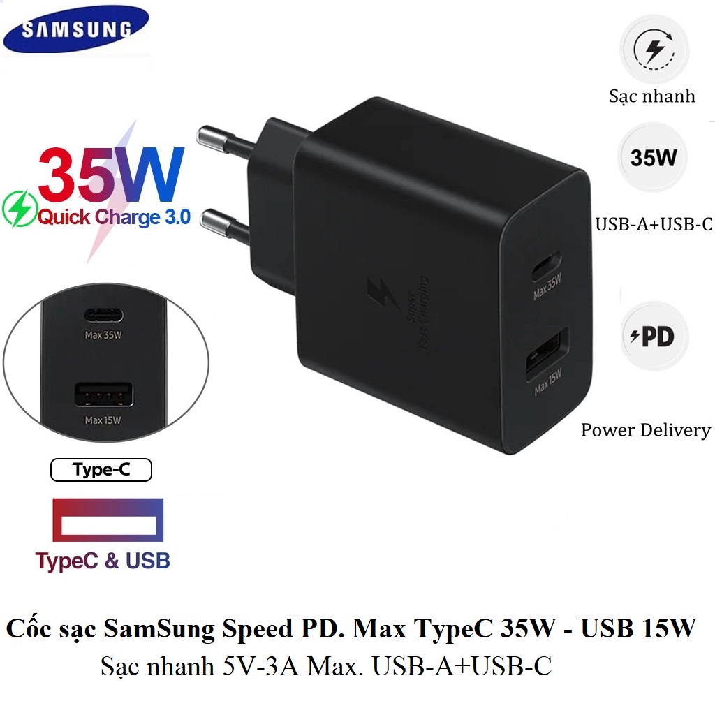 Bộ sạc nhanh Samsung S22 ZIN 5G (KÈM CÁP) PD 35w (Cóc 1 Usb-A, 1 Usb-C Type C) full box [BH 6 tháng]