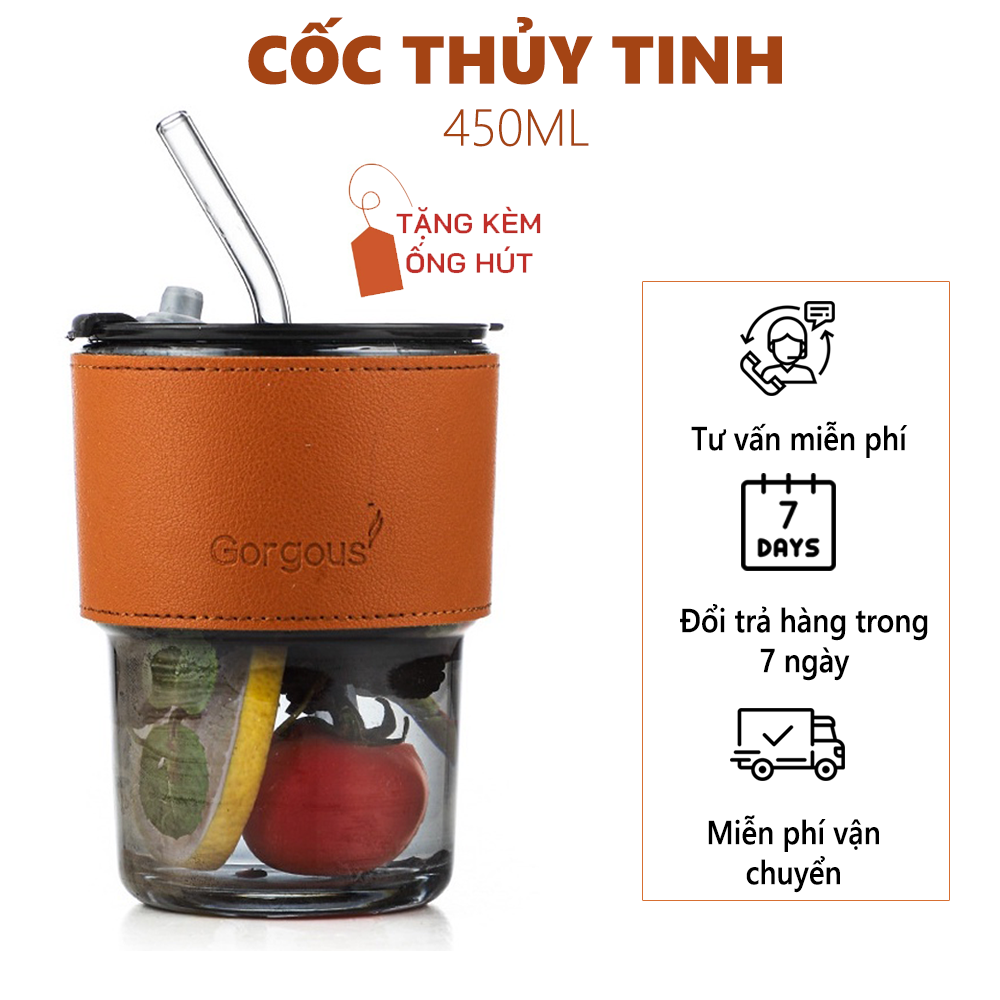 Ly cốc thủy tinh bình nước mix da Gorgous Korea có ống hút