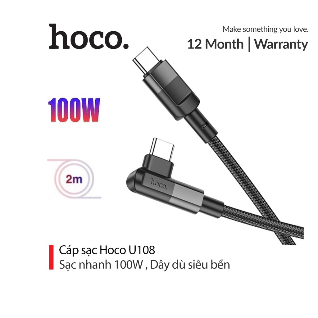 Cáp sạc nhanh 100w 2 mét HOCO U108 jack chữ L Type C ra Type C (2 đầu Type C) dài 2m 60W chính hãng [BH 1 Năm]