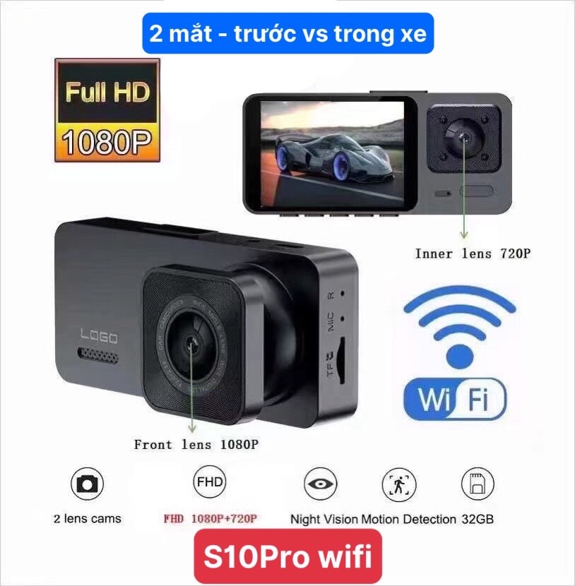 Camera hành trình xe hơi wifi xem app S10PRO 2 mắt cho ô tô (trước và trong xe) [BH 6 tháng]