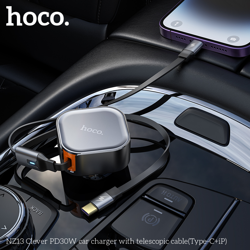 Bộ sạc nhanh xe hơi PD30W Hoco NZ13 kèm 2 cáp LED Type C và iPhone dạng ống lồng chính hãng [BH 1 năm]