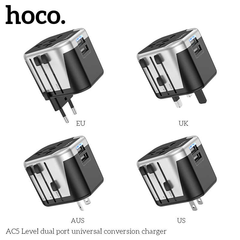 Ổ cắm điện đa năng HOCO AC5 2 cổng USB 12w và 4 loại chân cắm (du lịch) chính hãng [BH 1 NĂM]