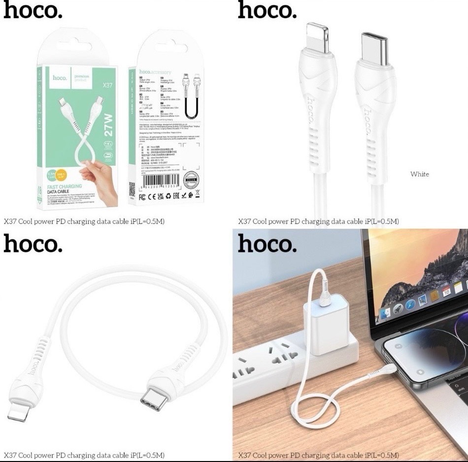 Cáp ngắn sạc nhanh PD27w  Hoco X37 0.5m Type c ra Lightning iPhone (c-l) chính hãng [BH: 1 Năm]