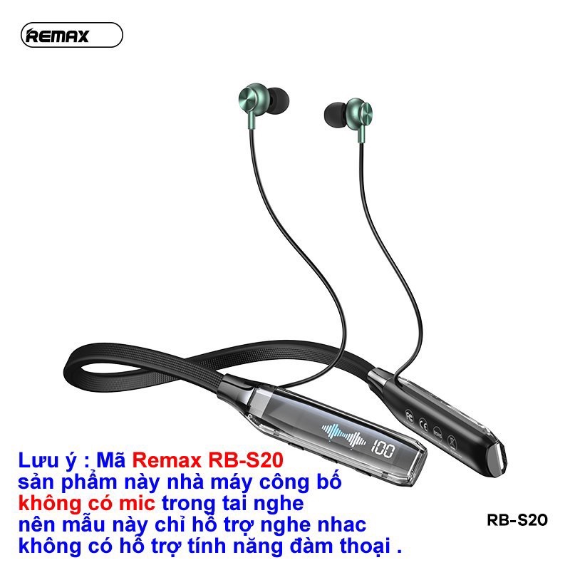 Tai nghe bluetooth Remax RB-S20 (nghe nhạc, ko micro, ko hỗ trợ tính năng đàm thoại) thể thao (gắn thẻ nhớ được) choàng cổ chính hãng [BH 1 Năm]
